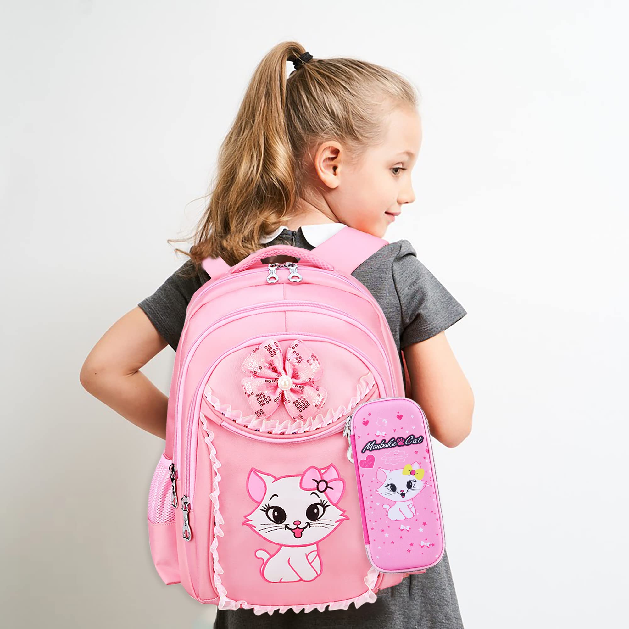 Mysticbags Girl's Cat Printed School Bookbag Primary Students Backpack, Pink, Large