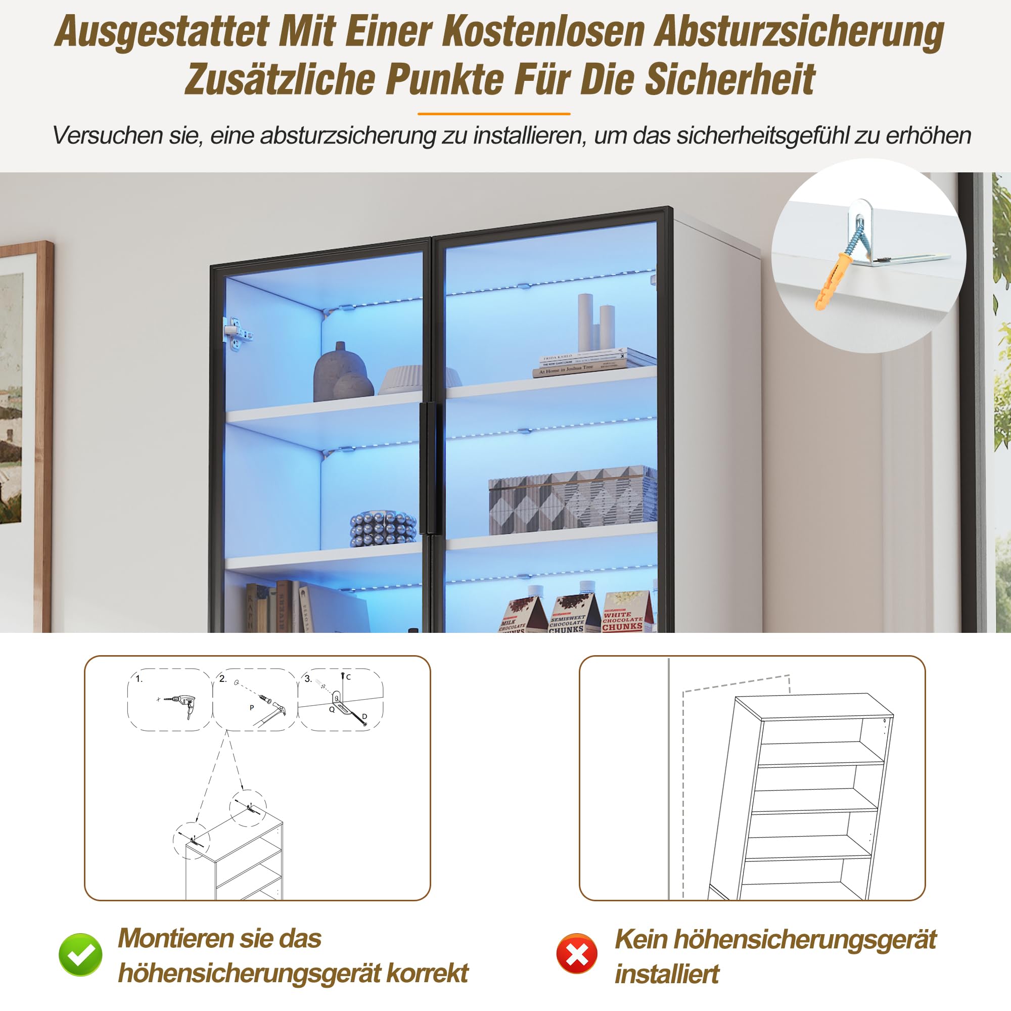 Vitrina de 70 x 30 x 200 cm, con cajones y armarios, armario alto con plataforma de almacenamiento abierta, estantería para libros, vitrina de pie, color blanco