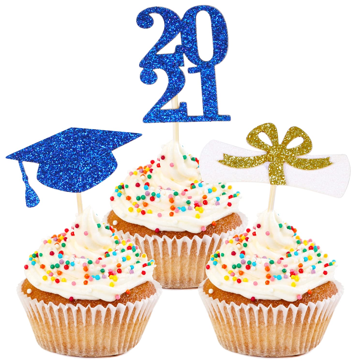 Larchio 45pcs Assembled Graduation Cupcake Toppers 2022, Blue and White Graduation Cupcake Picks Grad Cap Cupcake Topper for Graduation Cupcake Decorations