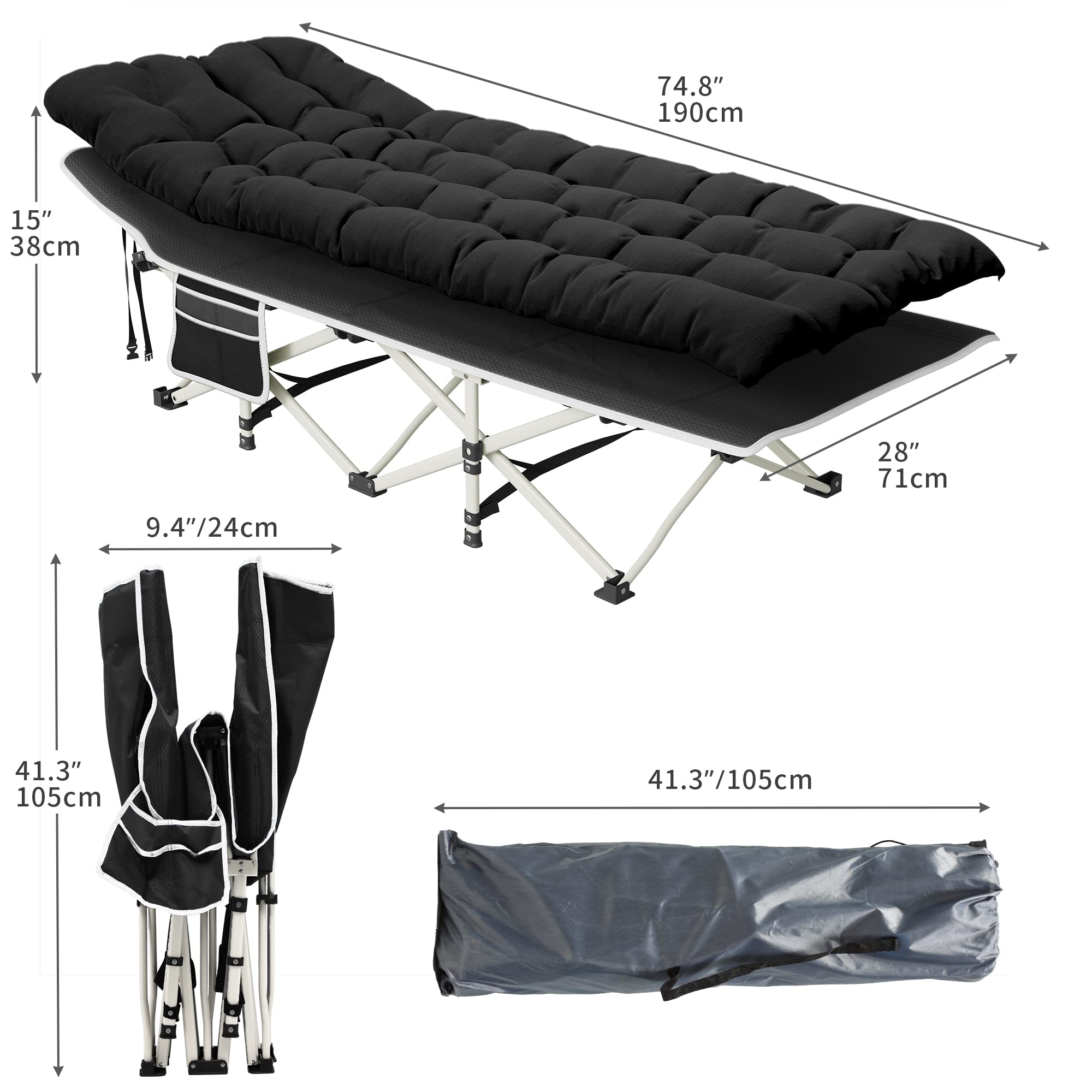 YITAHOME Letti da Campeggio Pieghevoli per Adulti, Robusta Lettino da Campo con Materasso Extra Spesso, Lettino per Dormire con Tubi più Spessi per Ufficio da Viaggio all'aperto, Nero