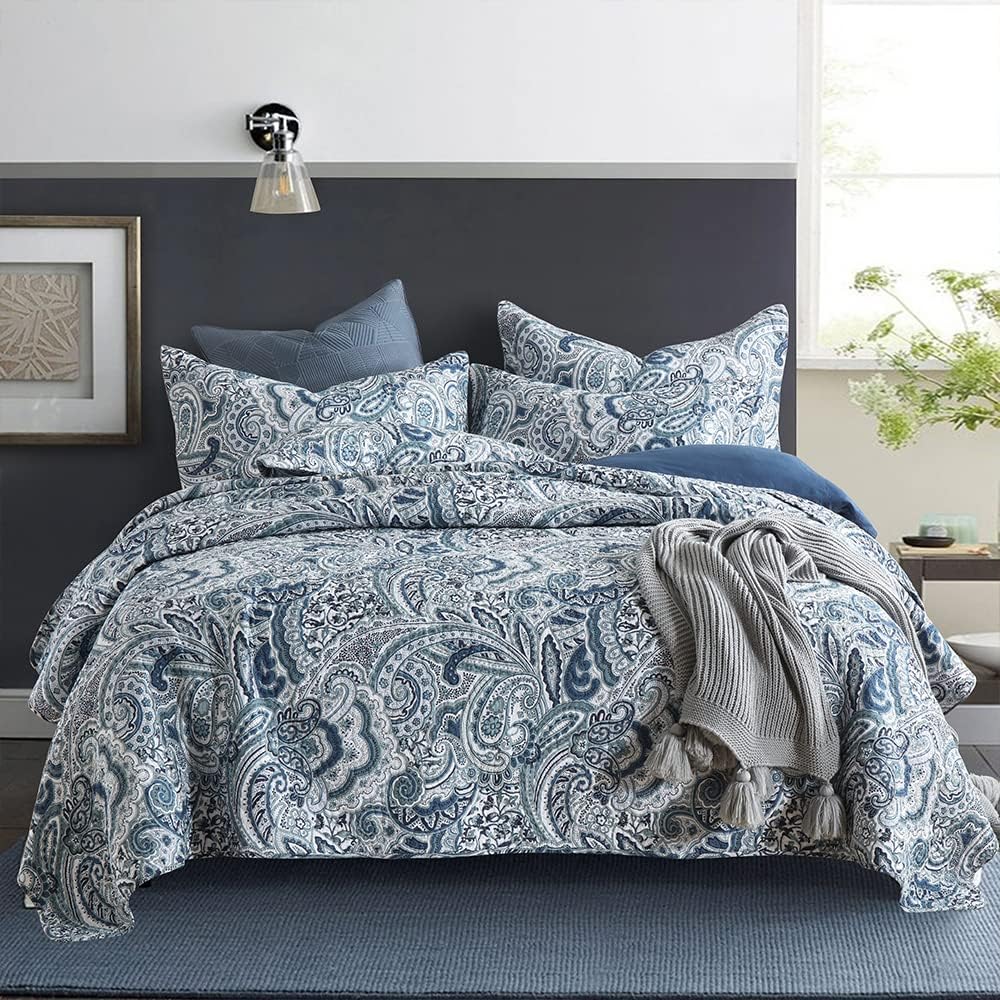 Cotton Bedspread Quilt Sets, 3 Pieces Reversible Comforter Coverlet Sets,Blue Floral Paisley,Queen Size