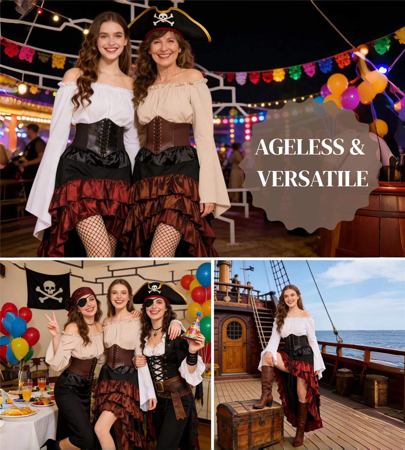 3-częściowy średniowieczny kostium pirata, zestaw średniowieczny sukienka damska z gorsetem pirata, spódnica, kostium karnawałowy na Halloween, karnawał, cosplay