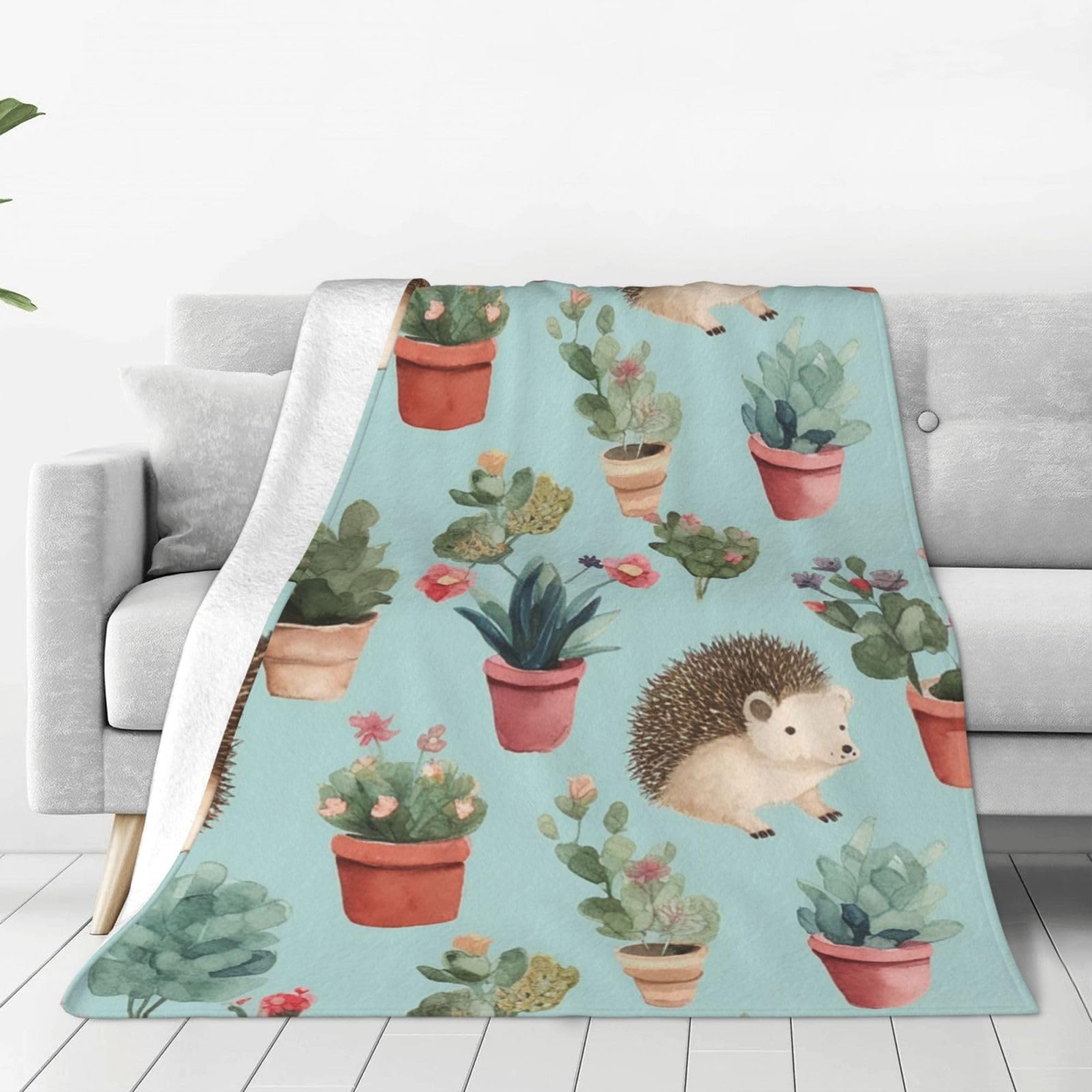 Hedgehog Potted Flower Throw Blanket for Couch, Plush Fuzzy Soft Flannel Blankets and Throws for Sofa, 40"x30" Bed Blankets for Travel Camping Chair, All Season Warm Fleece Blanket
