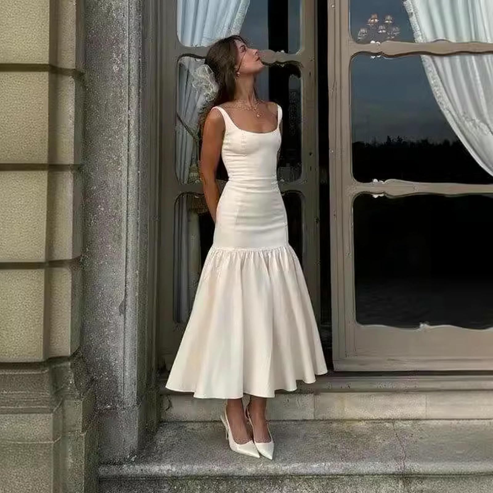 Sukienka damska retro bez rękawów kwadratowy dekolt slim fit temperament łączenie pończoch elegancka długa sukienka