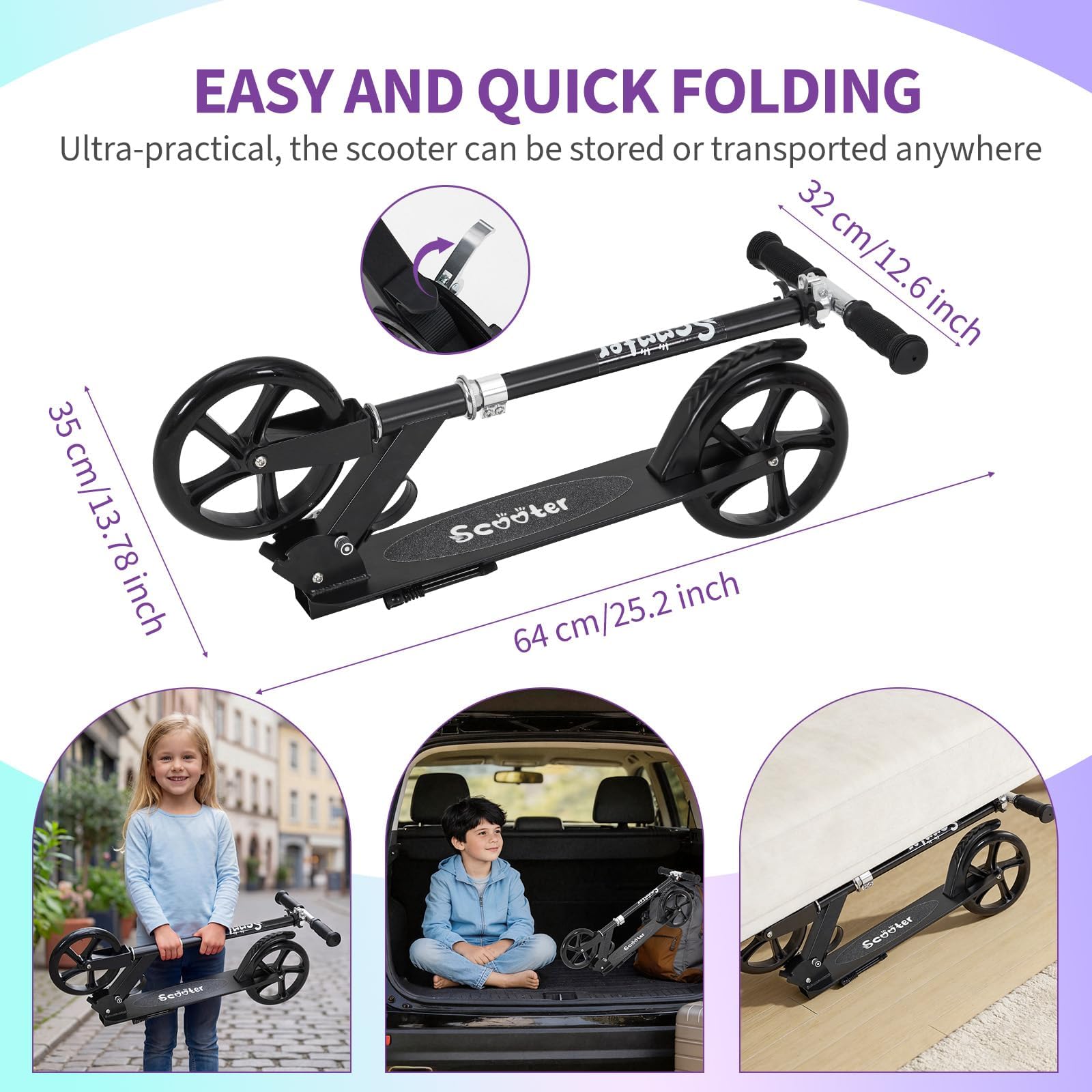 Trottinette pour Les 6 Ans Et Plus, Trottinette Pliable Et Légère avec Grandes Roues De 20 cm pour Enfants, Adolescents Et Adultes, 3 Niveaux Réglables - 2