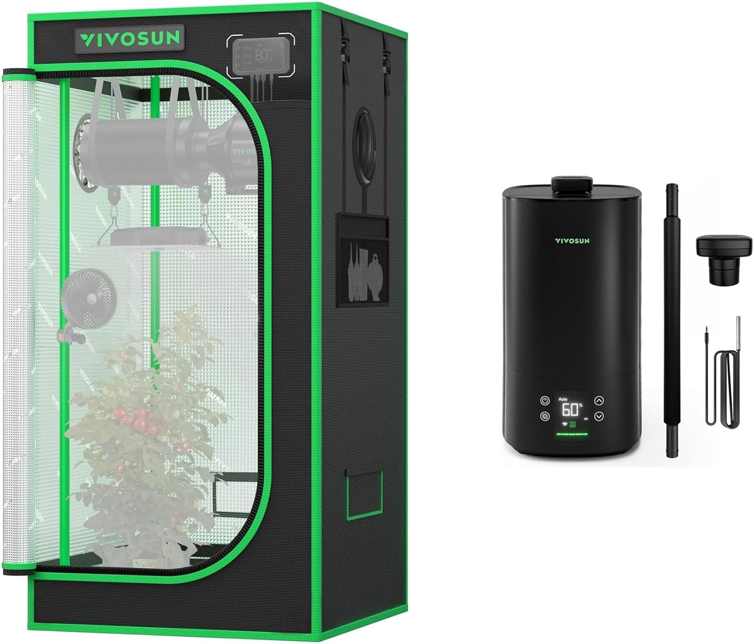 VIVOSUN P224 24"×24"×48" PRO Grow Tent and AeroStream H05 Intelligent Wi-Fi Humidifier, 1.32 Gal / 5 L Humidifier with Temp & Humidity Probe, Smart Remote Control, Designed for Growers