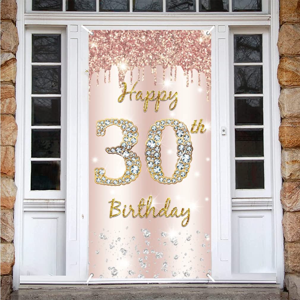 30th Birthday Decoration for Women, Happy 30th Birthday Backdrop Banner Rosegold Fabric Sign Poster, Woman 30th Birthday Door Banner Party Welcome Sign