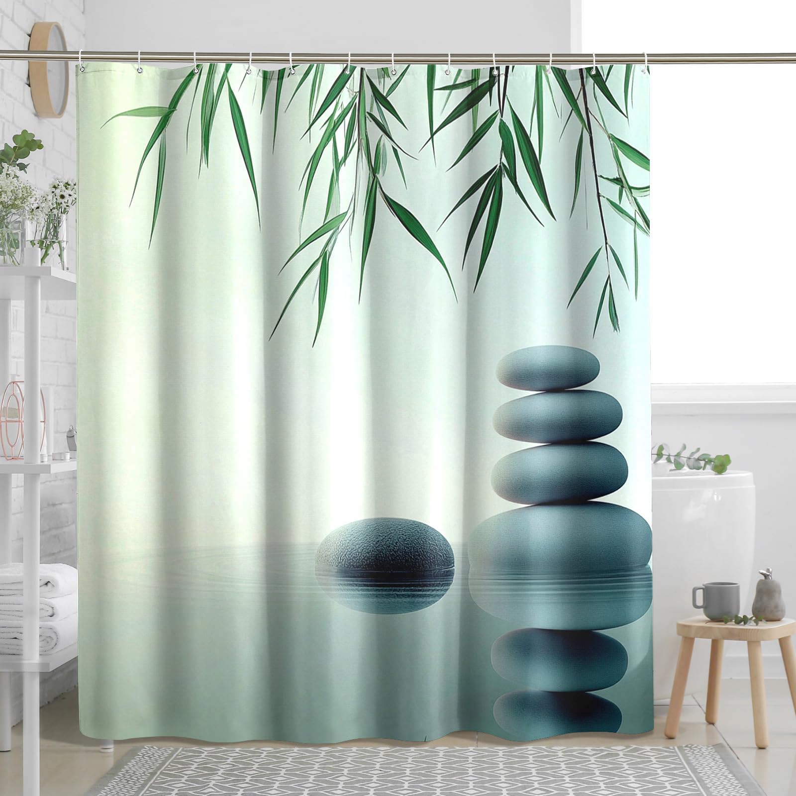 Zen Shower Curtain, Pastel Green Bamboo Rock Shower Curtain for Bathroom Decor, Spring Modern Minimalistic Nature Waterproof Fabric Shower Curtain Set with Hooks 62x72 Inch