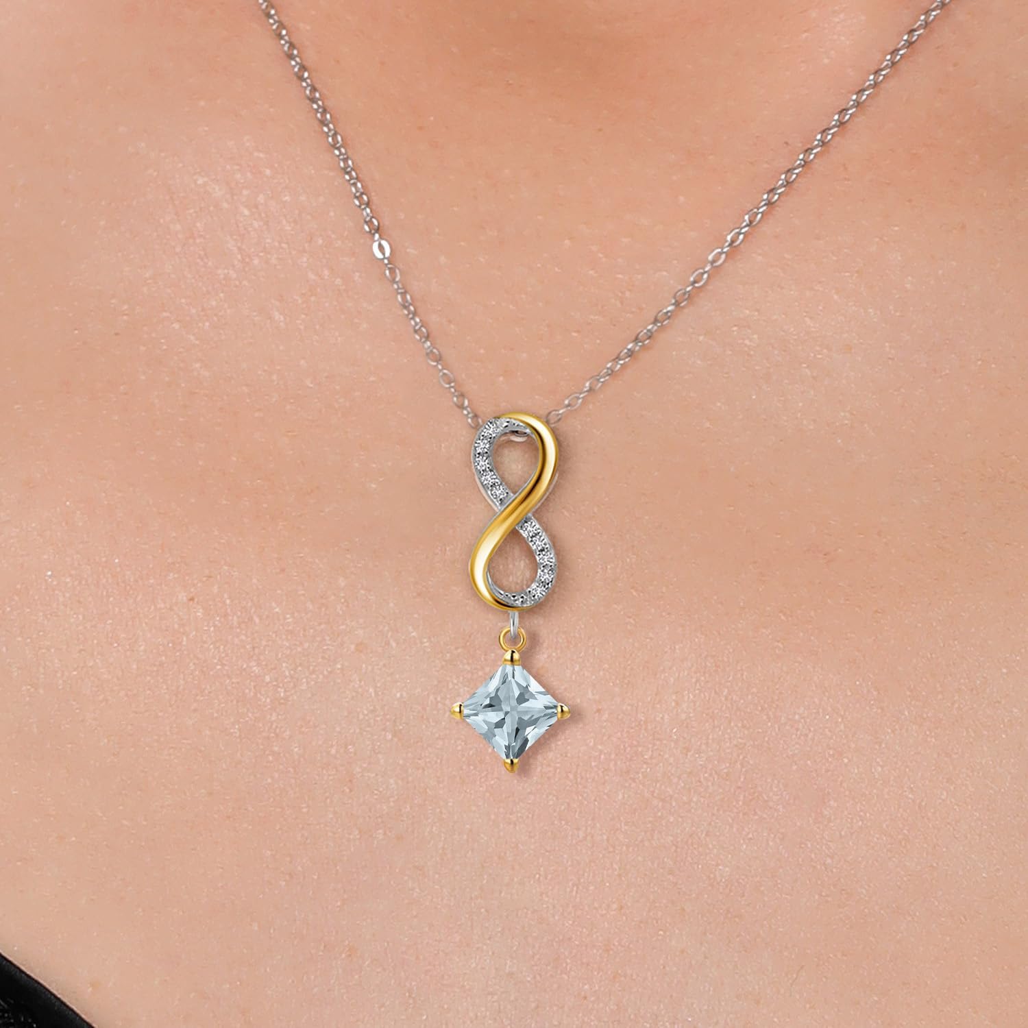 Gem Stone King 925 Silver and 10K Yellow Gold Sky Blue Aquamarine and Lab Grown Diamond Pendant Necklace for Women | 1.08 Cttw | Gemstone March Birthstone | Princess 5MM | With 18 Inch Chain - Image 3