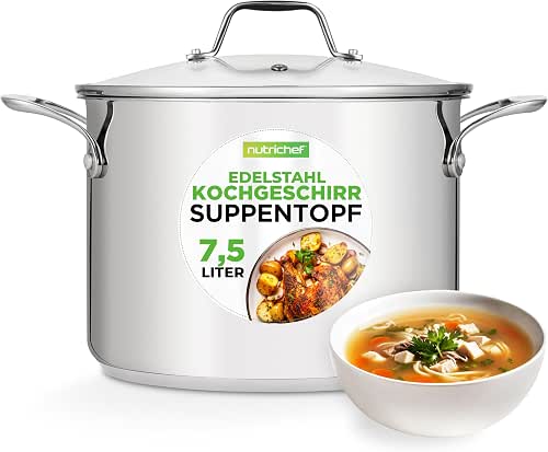 NutriChef Kochtopf groß, 8L Suppentopf Induktion aus Edelstahl mit Glasdeckel,