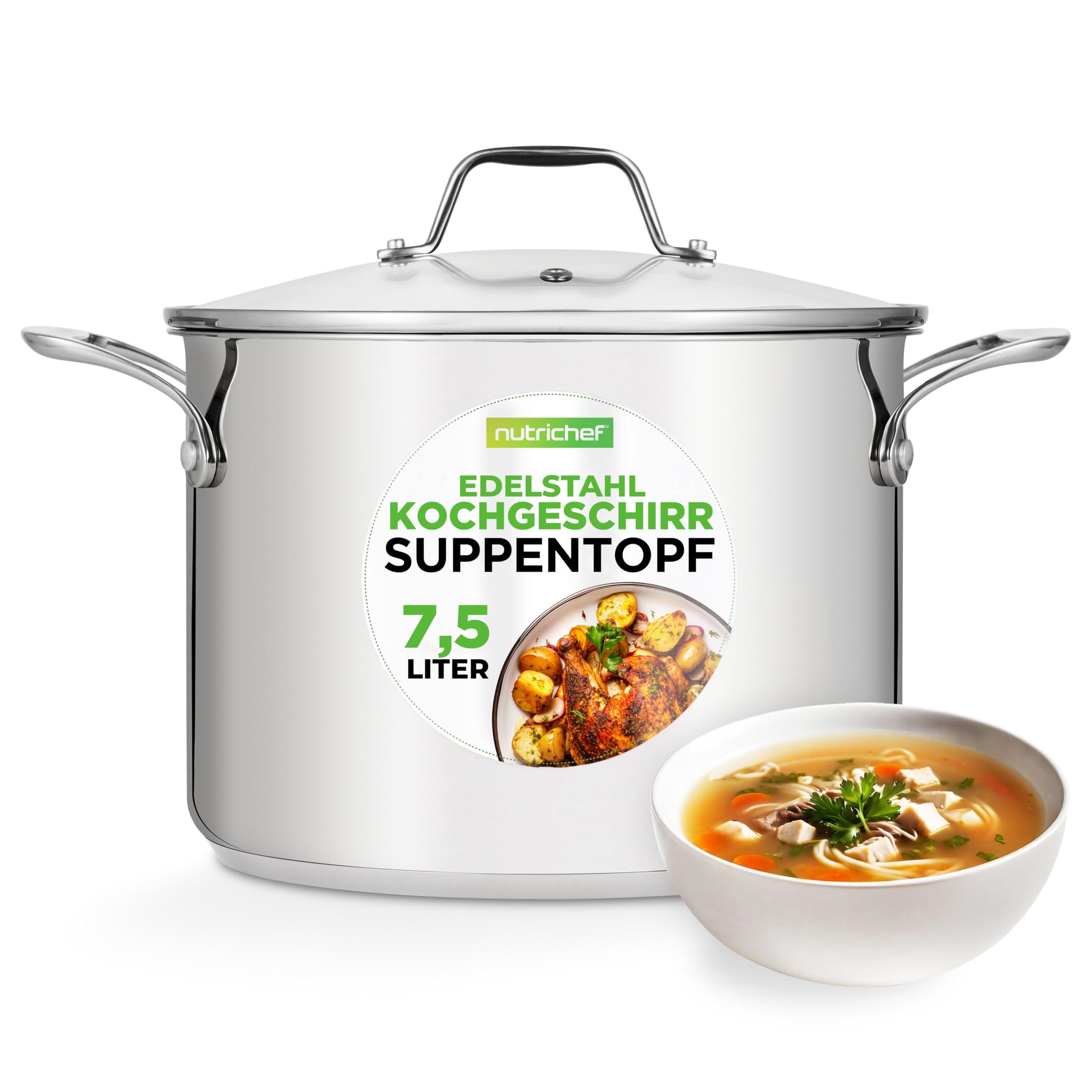 NutriChef Kochtopf groß, 8L Suppentopf Induktion aus Edelstahl mit Glasdeckel, 18/8 Großraumtopf Hitzebeständig bis 260 °C, Für alle Herdarten, Spülmaschinengeeignet, Silver