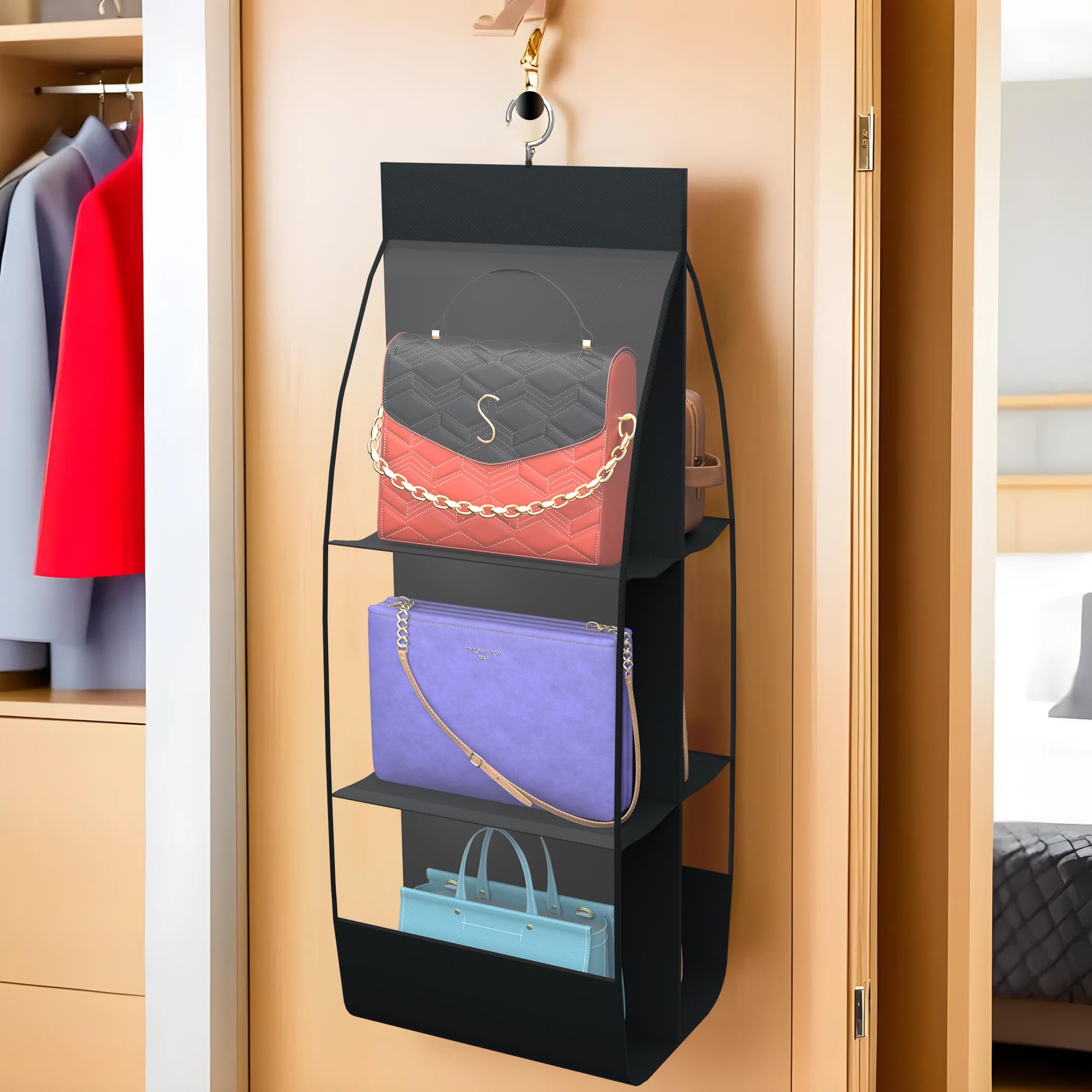 Kuber Industries Hanging Organizer | 6 Pocket Storage Hanger | Handbag Organizer | Hanging Purse for Wardrobe | Transparent Clutch Organizer | Handbag Storage For Closet | Black (B0D2MZ2542) Amazon Price History, Amazon Price Tracker
