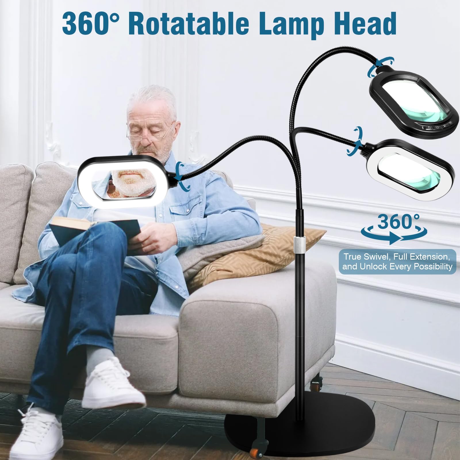 Lupa grande con luz y soporte, lente de vidrio óptico rectangular de 15X, lámpara de pie de lupa de cuello de cisne ajustable en altura, 5 modos de color, LED regulable, manos libres para trabajos