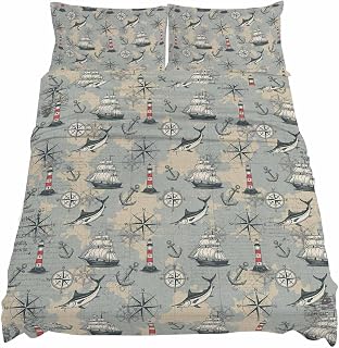 King Size Fitted Sheet Set,Vintage Sailing Boat Lighthouse Deep Pocket Bed Sheet Fits Mattress Up to 16",Soft Bottom Sheets with Pillowcases and Flat Sheet,Nautical Compass Anchor for Bedroom Decor