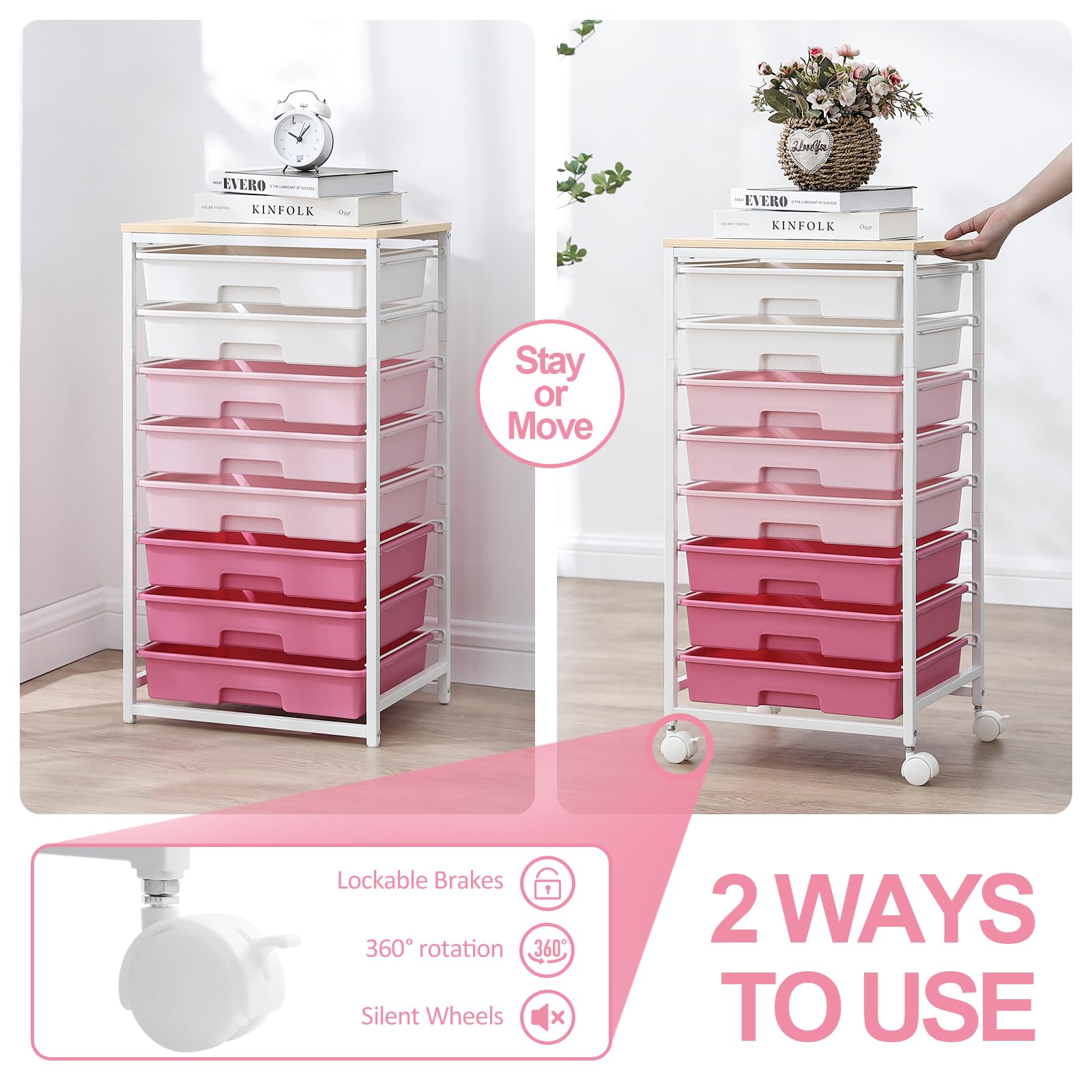 SYKIARIOL Carrito de almacenamiento de 8 cajones con ruedas bloqueables, rosa | Ruedas bloqueables, cajones de plástico, multiusos, para escuela, dormitorio, sala de manualidades, sala de estar