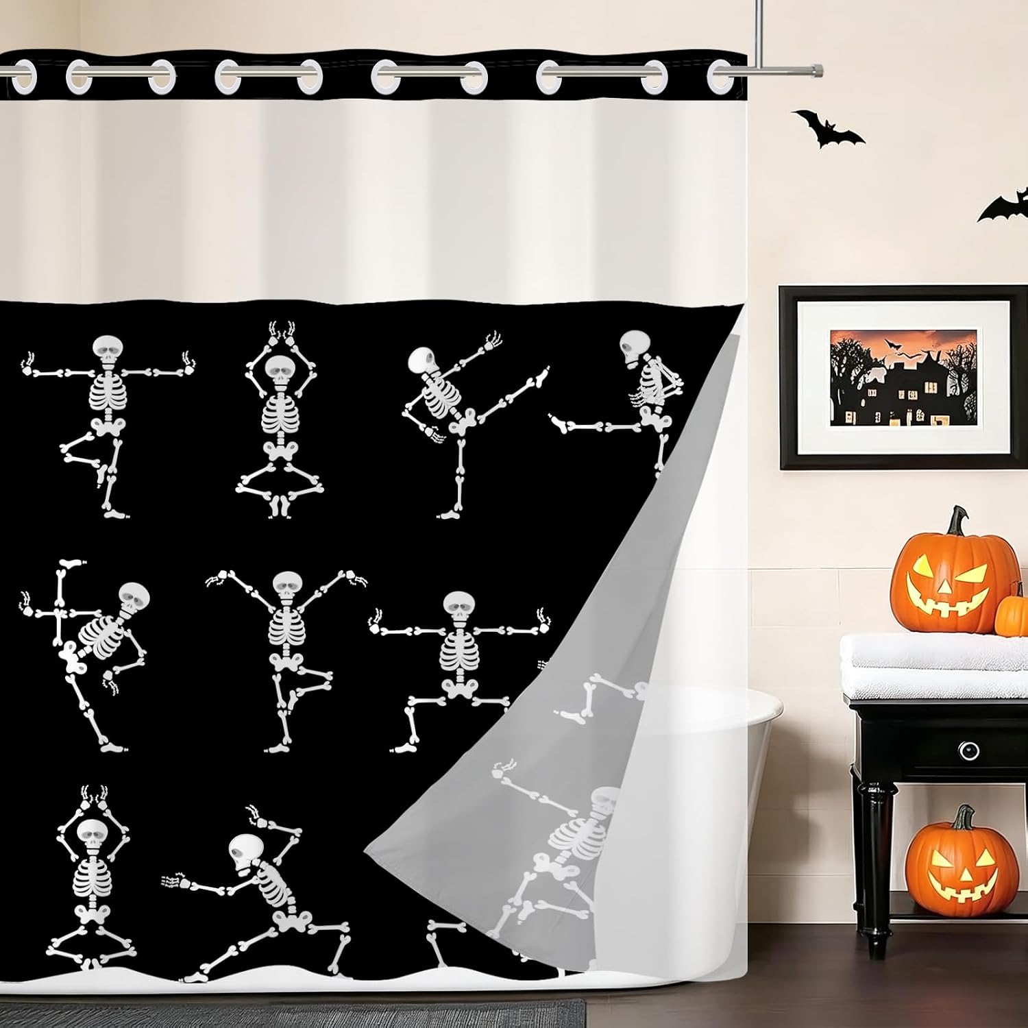 No Hook Shower Curtain with Snap in Liner, Halloween Funny Skull Skeleton Dancing Hotel Style with See Through Mesh Top Window Waterproof Fabric Machine Washable, 71"x74"
