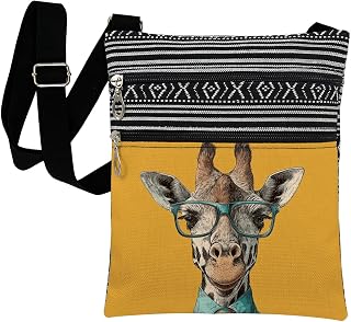 Stylish Giraffe Crossbody Bag Fashion Giraffe in Glasses and Tie Print Women Adjustable Strap Purse Birthday Present for Animal Lovers Outdoor Travel Daily Use Lightweight Messenger Bag