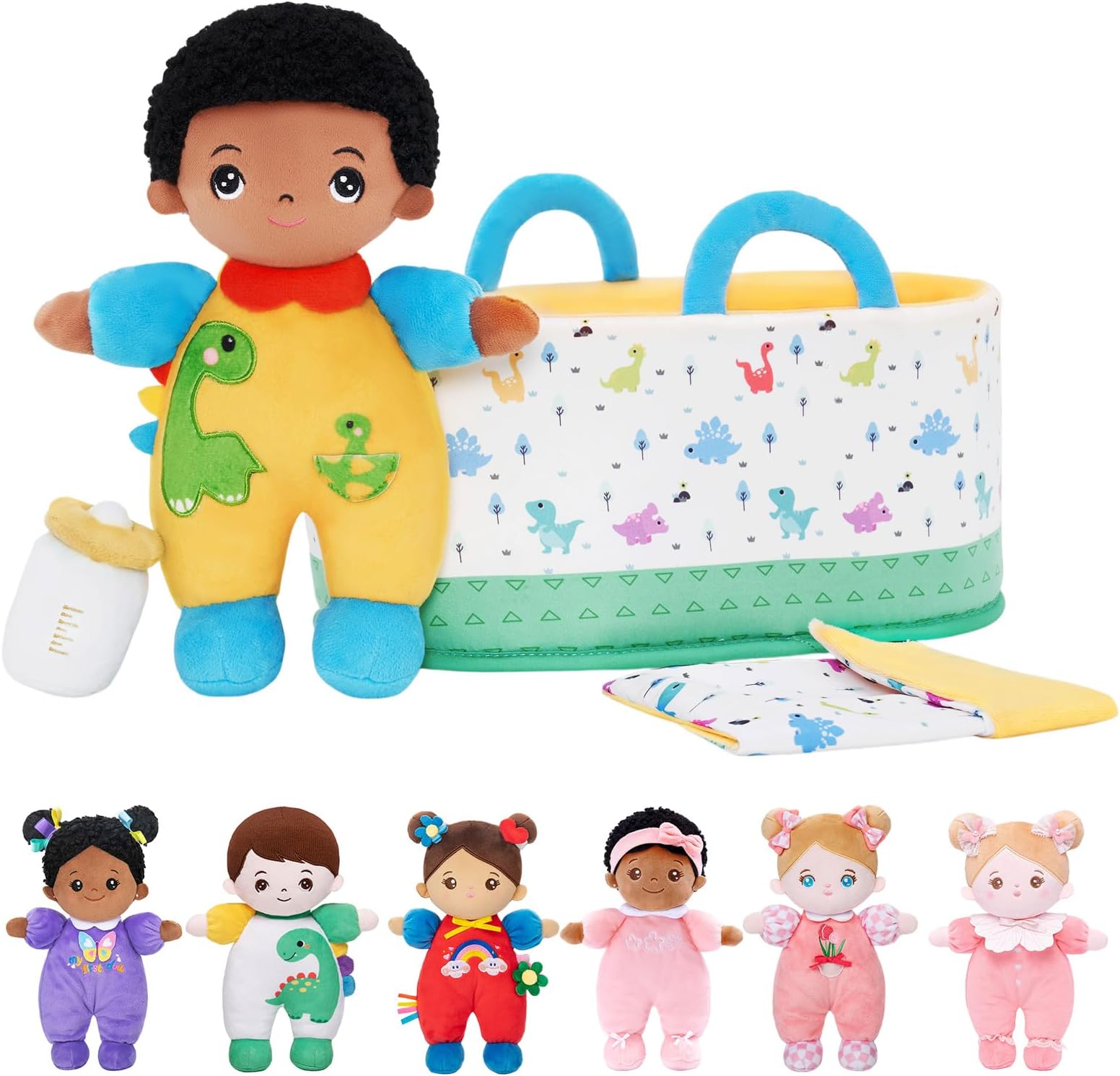 OUOZZZ Black Baby Doll with Accessories, 9.5" Dinosaur Soft Doll – Washable Plush toy – Cute and Safe Toy Gift