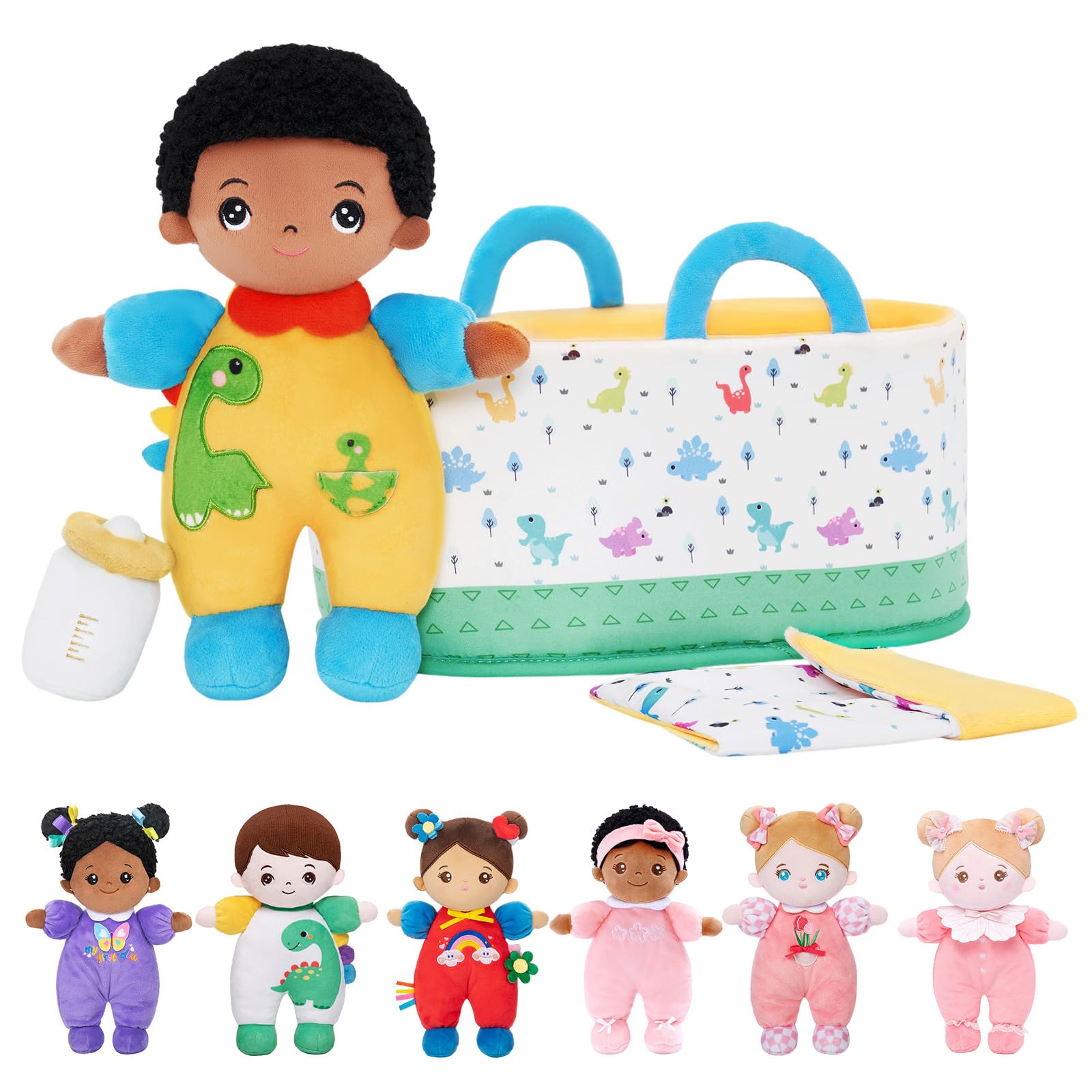 OUOZZZBaby Doll with Carry Bag and Doll Accessories, 25 cm Soft African Rag Doll Dinosaur, Cuddly Doll for Children from 3 Months - Baby Gift for Birth Boys Girls