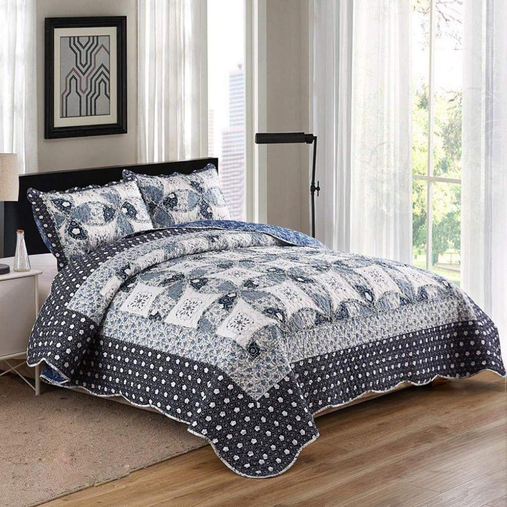 Sjdopulse G 220X240cm Vintage Patchwork Bedspread Reversible Quilted Quilt With 2 Pillowcase Warm Coverlet Bed Cover Home Decor, B, 220X240cm