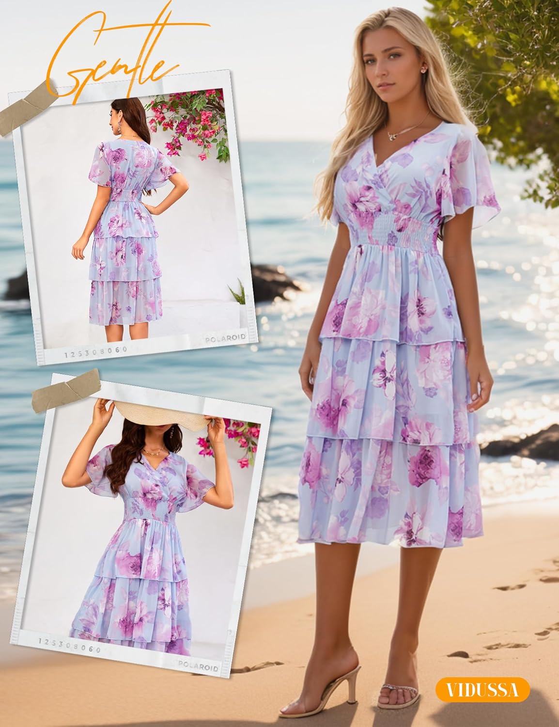 VIDUSSA Womens Floral V Neck Ruffle Tiered Layered Chiffon Flowy Swing Long Midi Dress Short Sleeve Smocked Dresses - Image 2