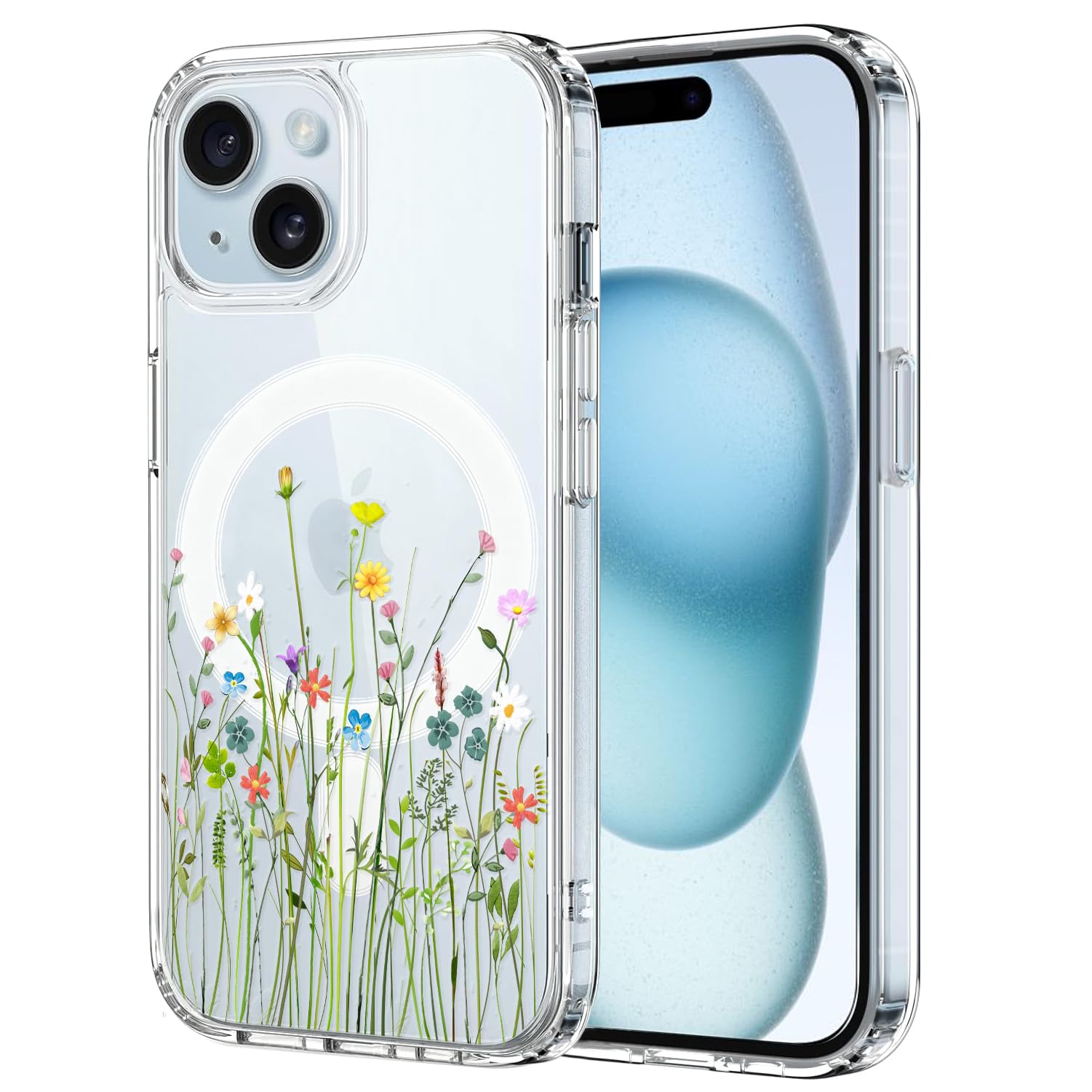 UnovCase Compatible with iPhone 14 iPhone 13 Case Magnetic Clear with Design Compatible with MagSafe Slim Protective Soft TPU Bumper with Hard PC Back Embossed Pattern (Flower Bouquet)