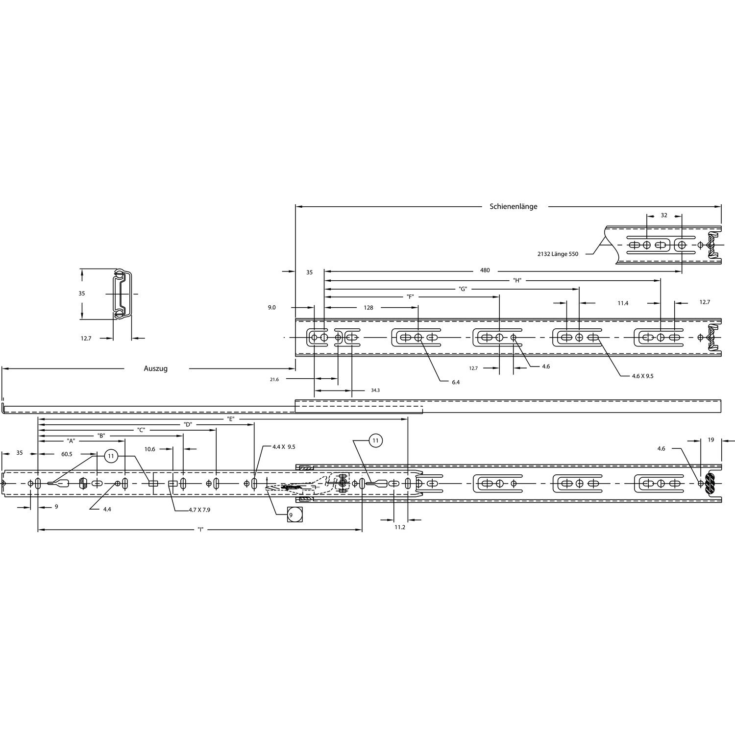 ACCURIDE 2132 Kugelkäfigführung - Teilauszug, Schienenlänge 350 mm