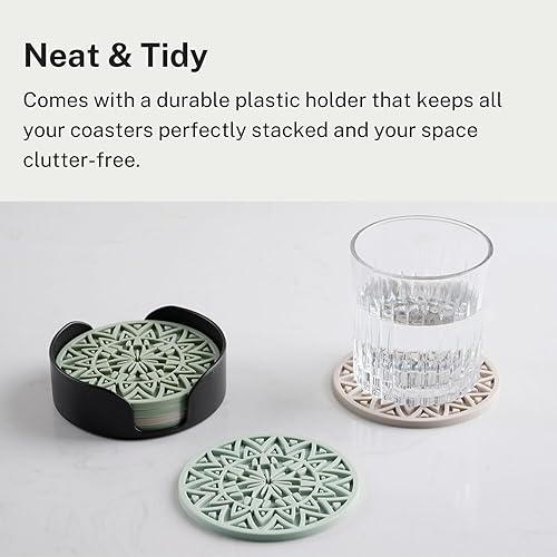 Miniatura 5 de Juego de 6 posavasos de silicona azul marino con soporte, posavasos con forma de patrón tribal, para protección de mesa, antideslizantes,