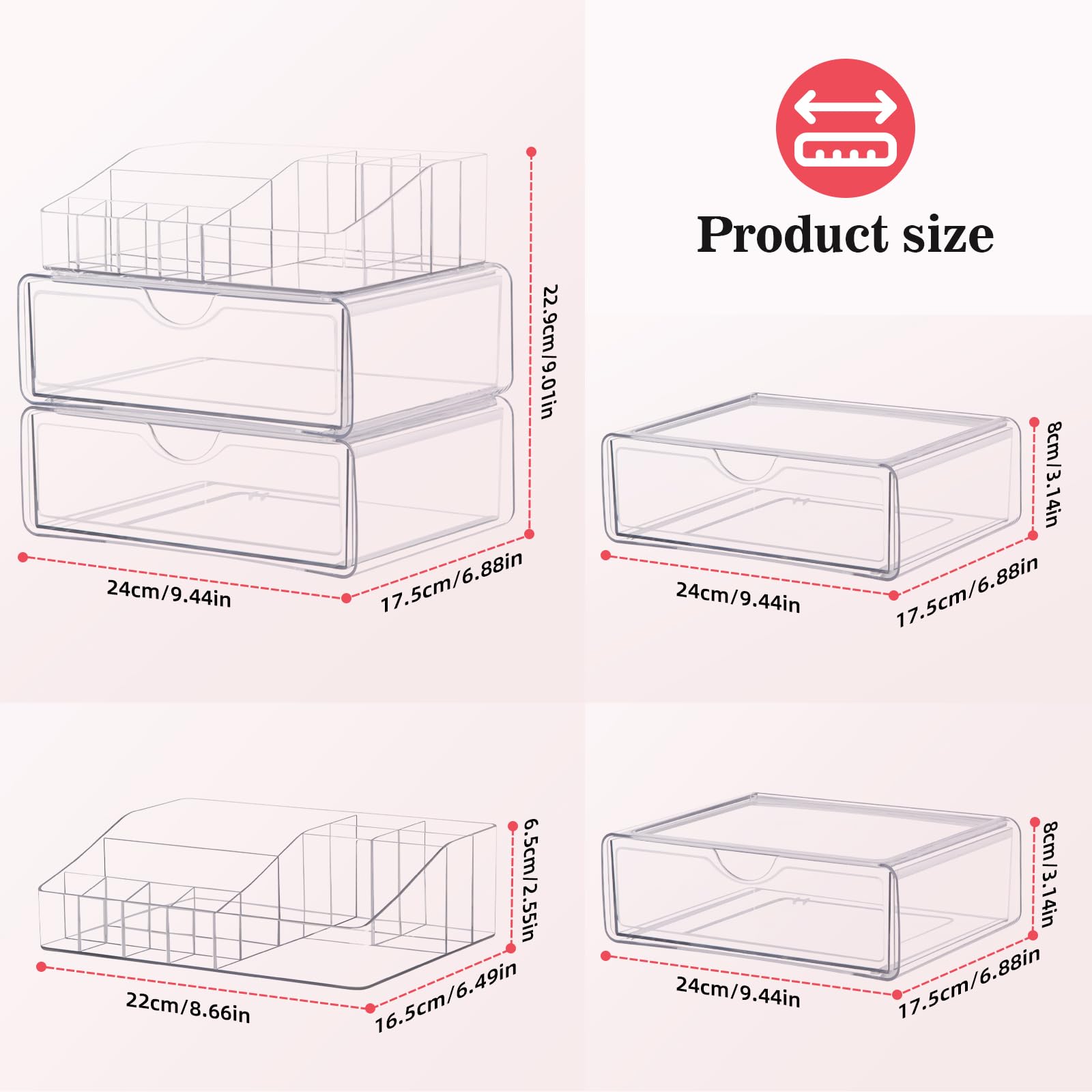 FoiiLiio Organizzatore di Trucco Multifunzione, Organizer Trucchi Con Scomparti e 2 Cassetti Impermeabili Porta Trucchi, Organizzatore Trucchi Trasparente In Acrilico (Con cuscinetti antiscivolo)