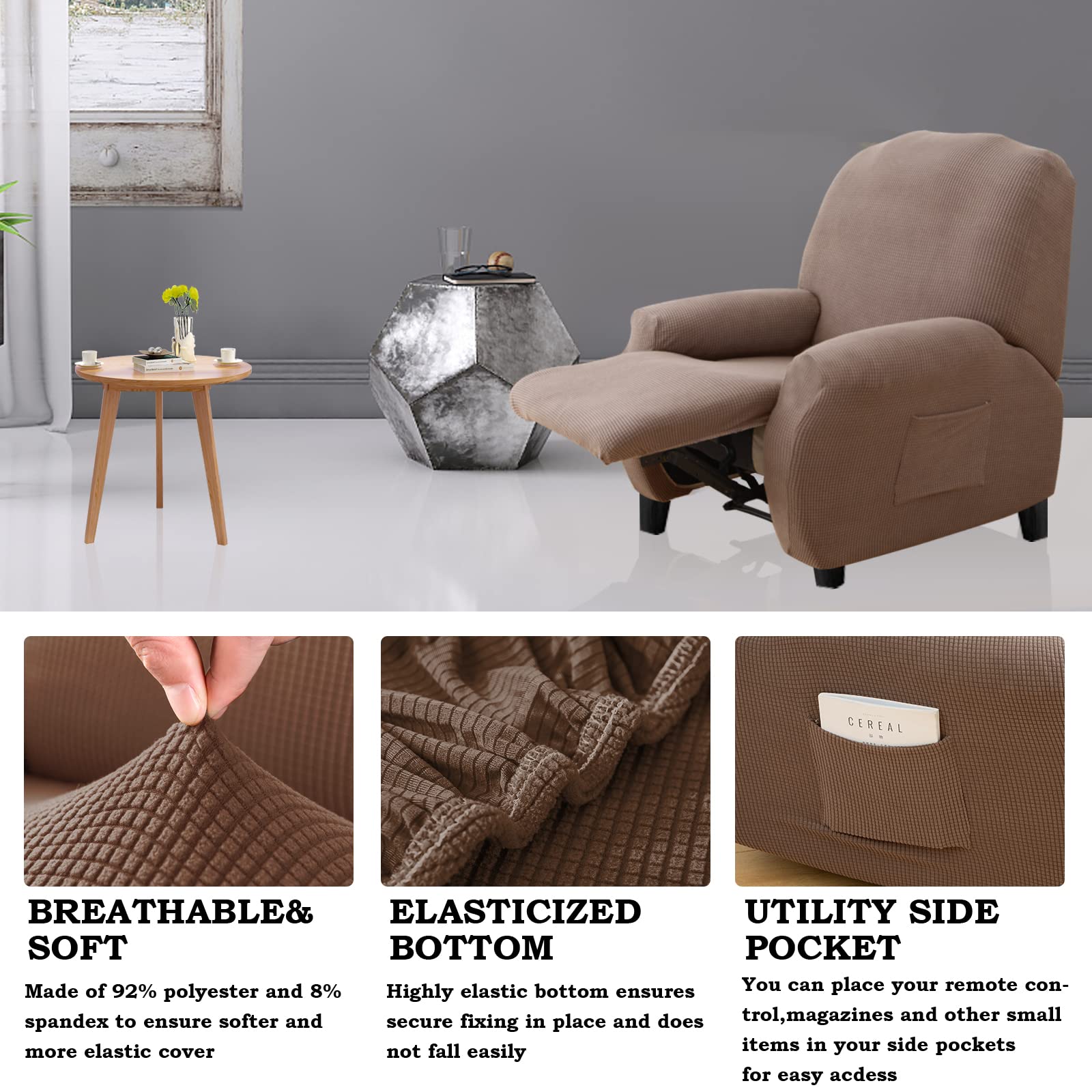 Lydevo Copripoltrona Relax Reclinabile Universale, 1 Posto Reclinabile con Tasche,Copripoltrona Elasticizzato Relax Lavabile Rimovibile,Fodere Poltrona,Jacquard#Cammello
