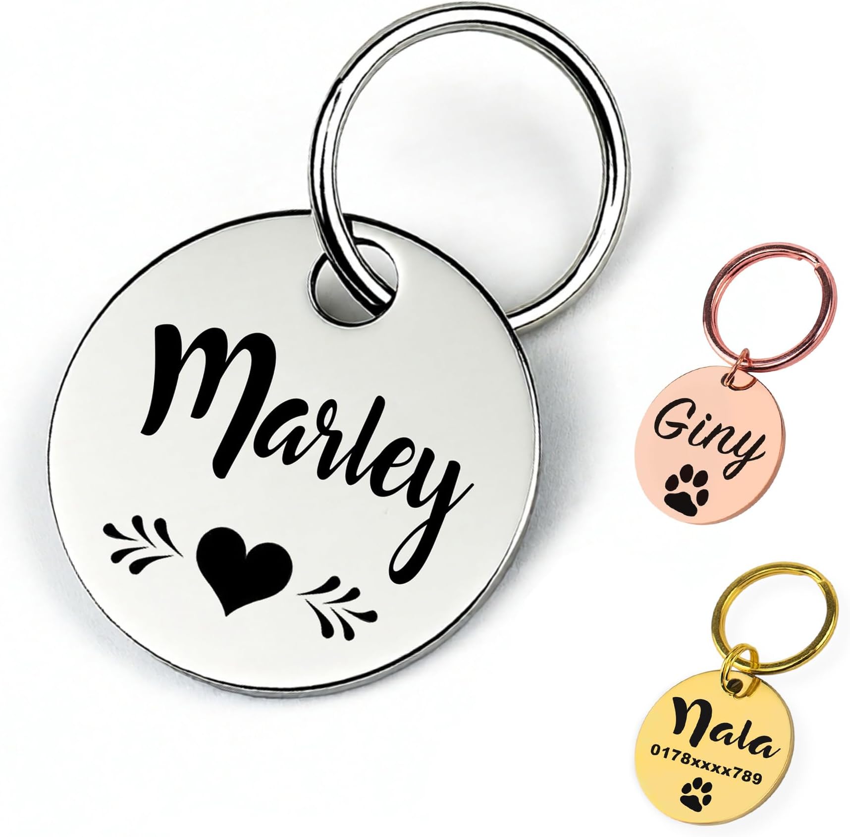 Personalized Dog ID Tag for Pets UK | Engraved with name, telephone number backside | Stainless Steel, Solid Brass or rose gold - round for collar