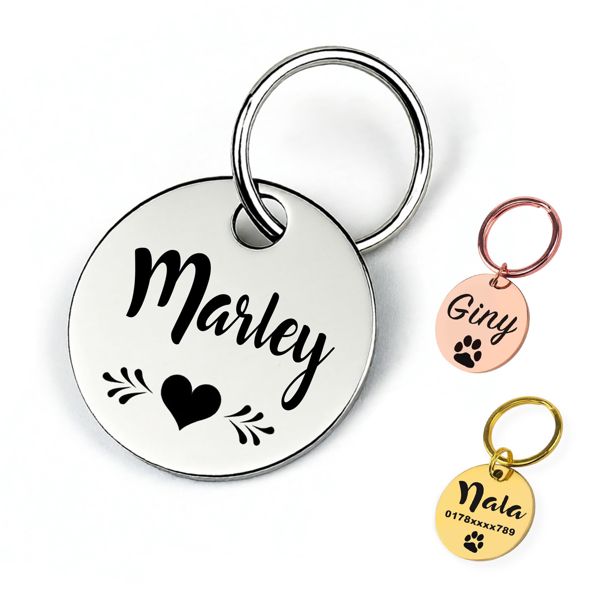 Personalized Dog ID Tag for Pets UK | Engraved with name, telephone number backside | Stainless Steel, Solid Brass or rose gold - round for collar