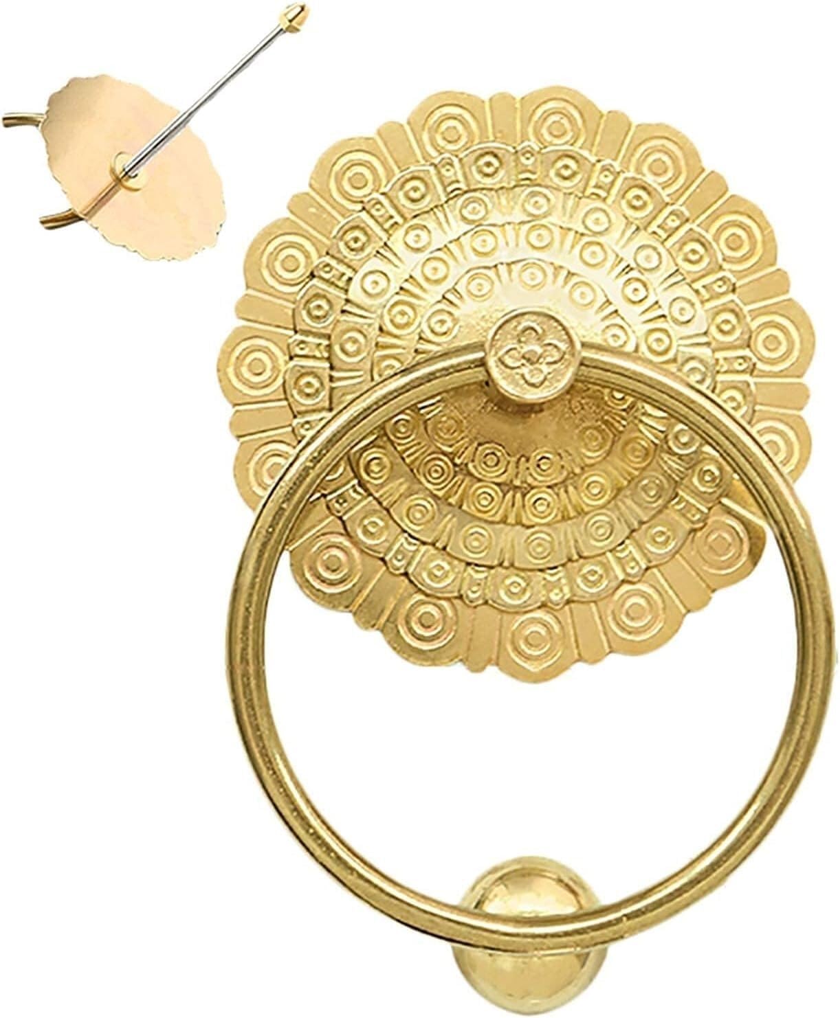 Antique Round Door Knocker - Handcrafted Metal Garage Door Handle for Front Gate Courtyard Farmhouse Cottage - Elegant Gold Home Decor Accessory