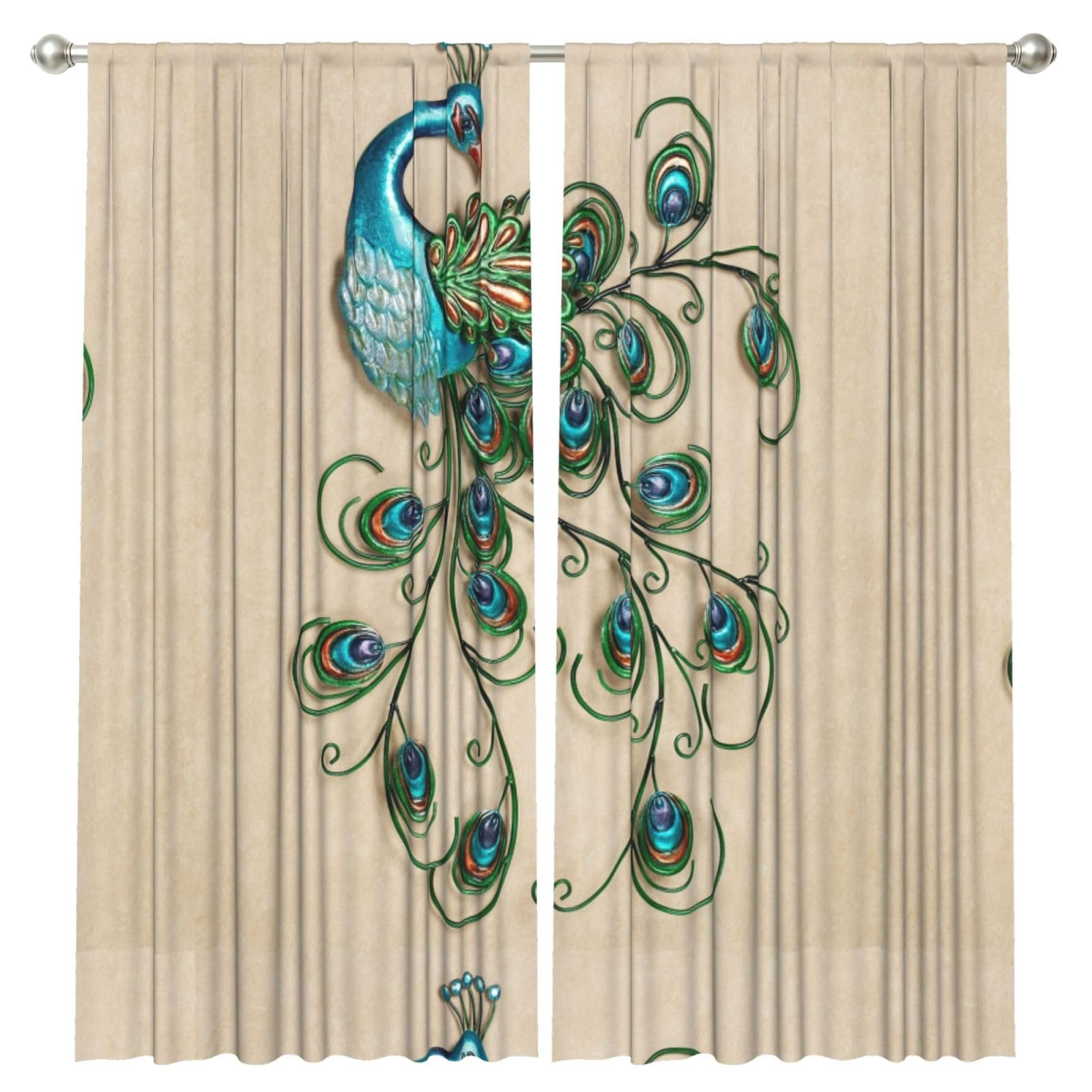 InOmak Peacock Pattern Printed, 2 Panels Window Curtains 52 x 84 Inch Blackout Curtains for Living Room Bedroom