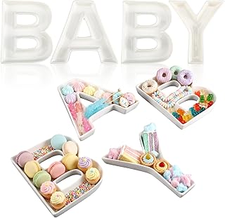 SiliFine 4 Pcs Baby Charcuterie Board Letters Ceramics Baby Shower Serving Food Trays Fillable Charcuterie Box Small White Reusable Alphabet Platter for Candy Gender Reveal Birthday Party Decor