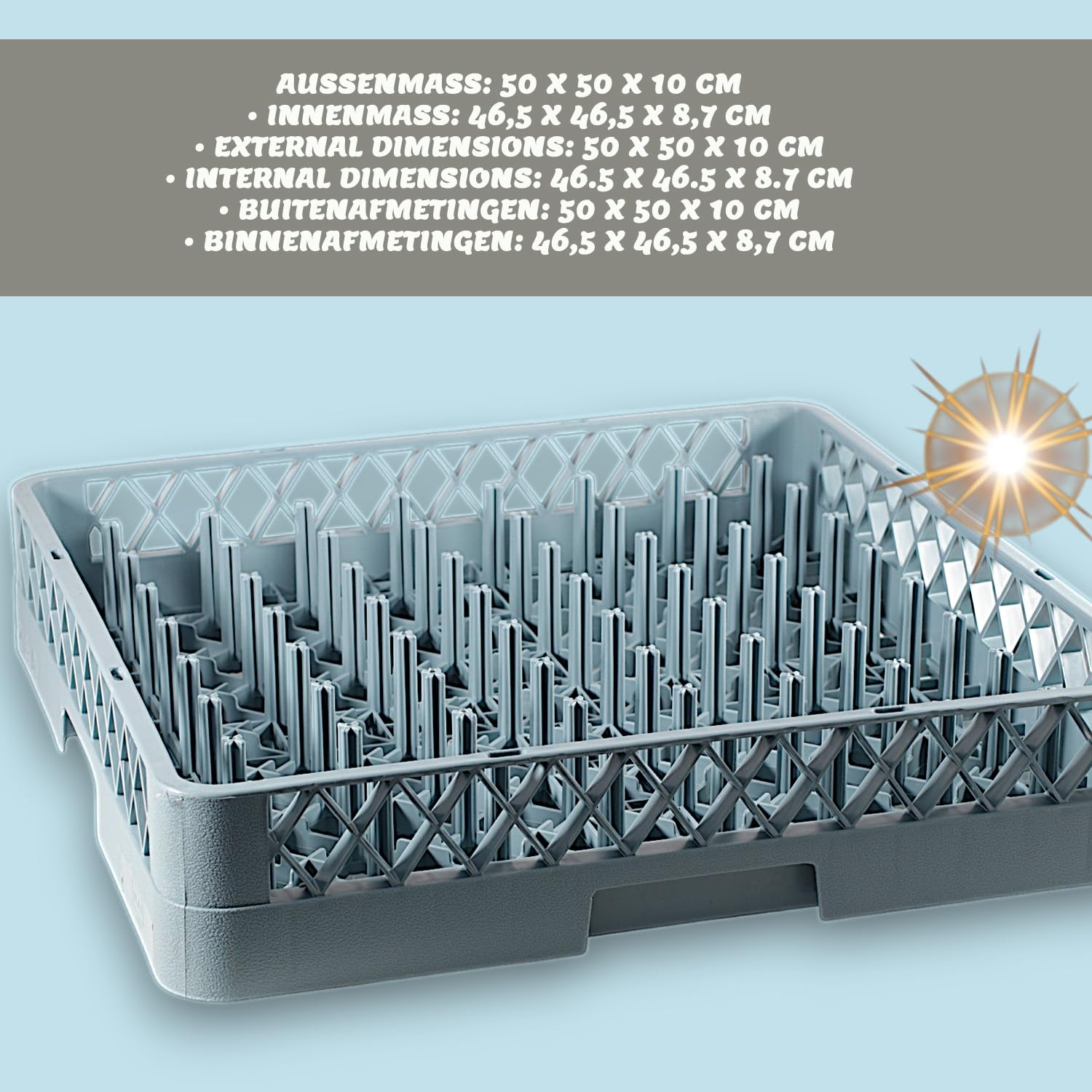 Kerafactum Panier lave-linge avec 64 doigts pour assiette et verres, tasses pour machine à laver Gastro Grille universelle en plastique 50 x 50 cm