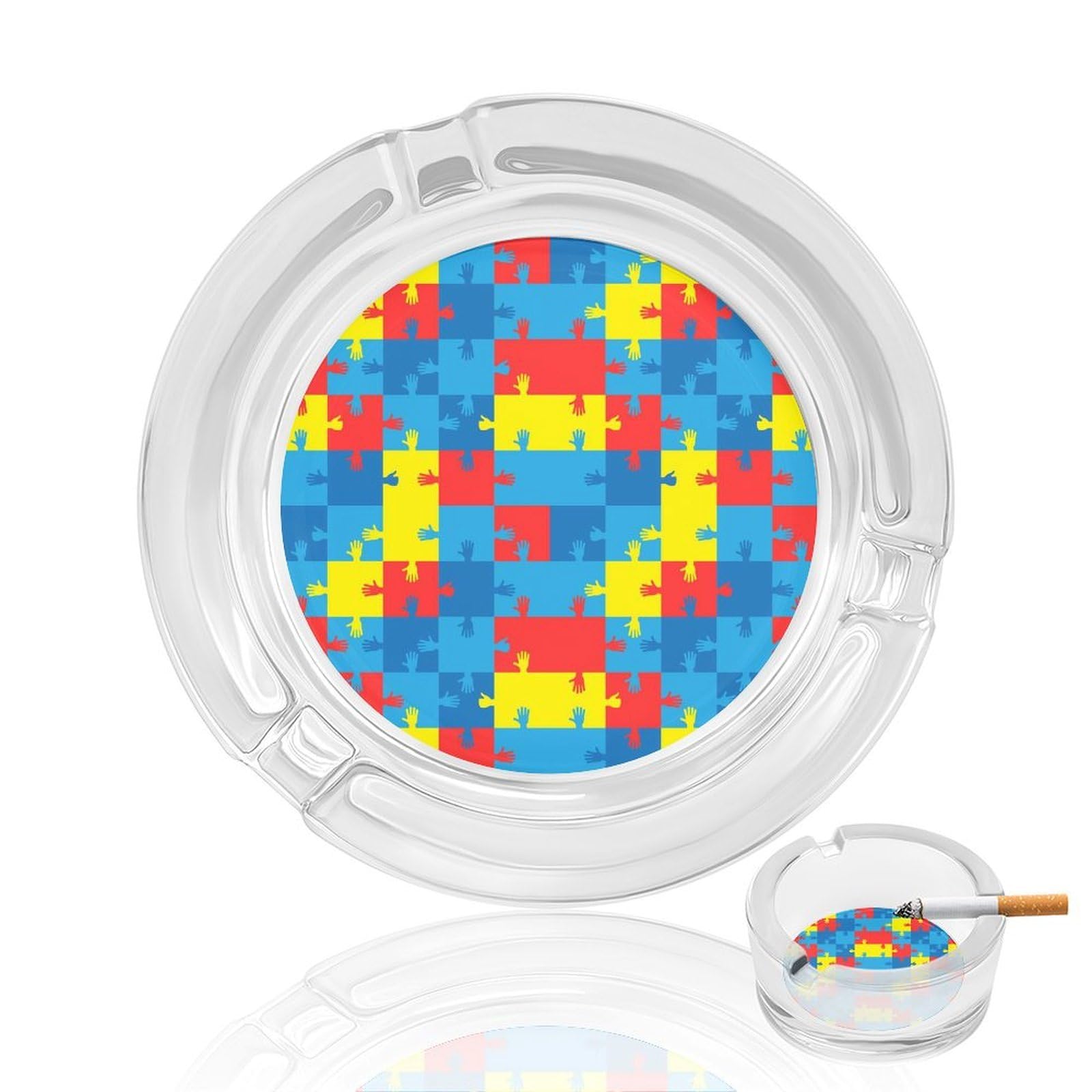 Nclqvjxzkhw Style Symbol Of Autism Puzzles And Hands Glass Ashtray Round Ash Tray Smoking Trays For Home Garden Outdoor
