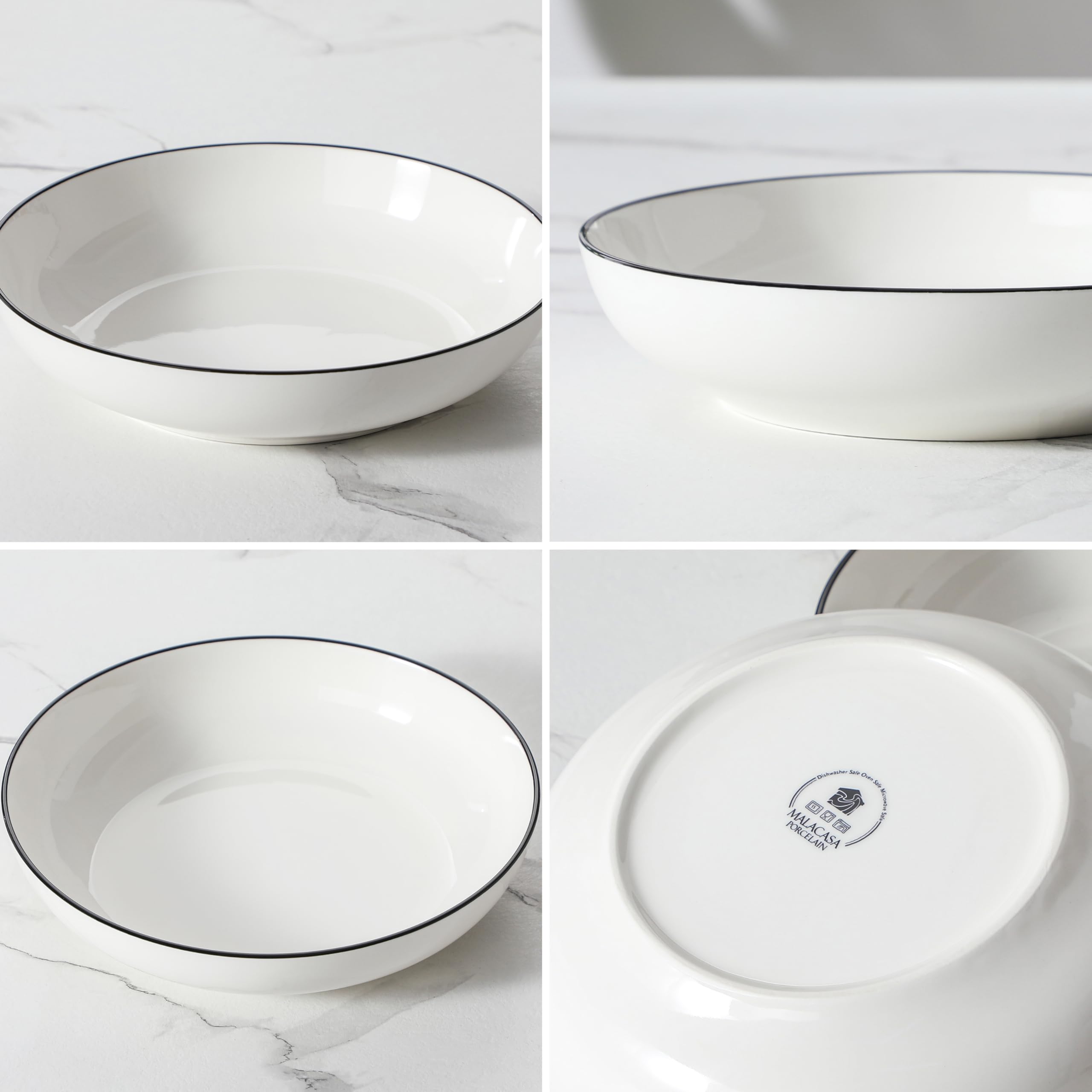 MALACASA Série REGULAR 1250ml Assiettes à Pâtes en Porcelaine, Assiettes Creuses, Service de Bols à Salade 4 Pièces, Blanc avec Bord Noir
