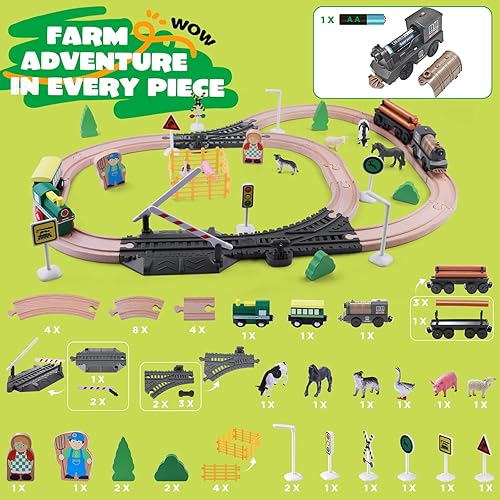 Miniatura 9 de Juego de tren de madera para niños pequeños de 3, 4, 5, 6, juego de ferrocarril de animales de granja para niños de 3 a 5 años con tren eléctrico a