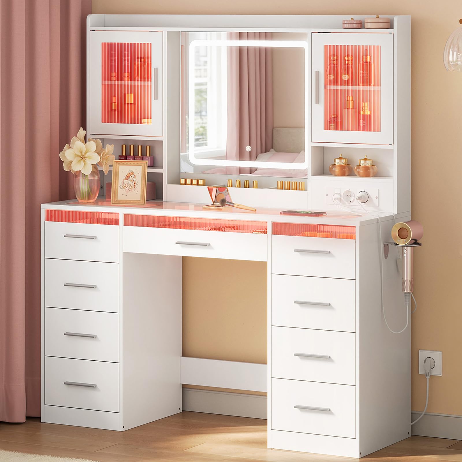 WOLTU Coiffeuse avec Miroir LED Réglable et Éclairage RGB, Grande Coiffeuse avec Plateau en Verre, 9 Tiroirs, Prise de Courant, 2 Placards avec Portes, Table de Maquillage Moderne pour Chambre, Blanc