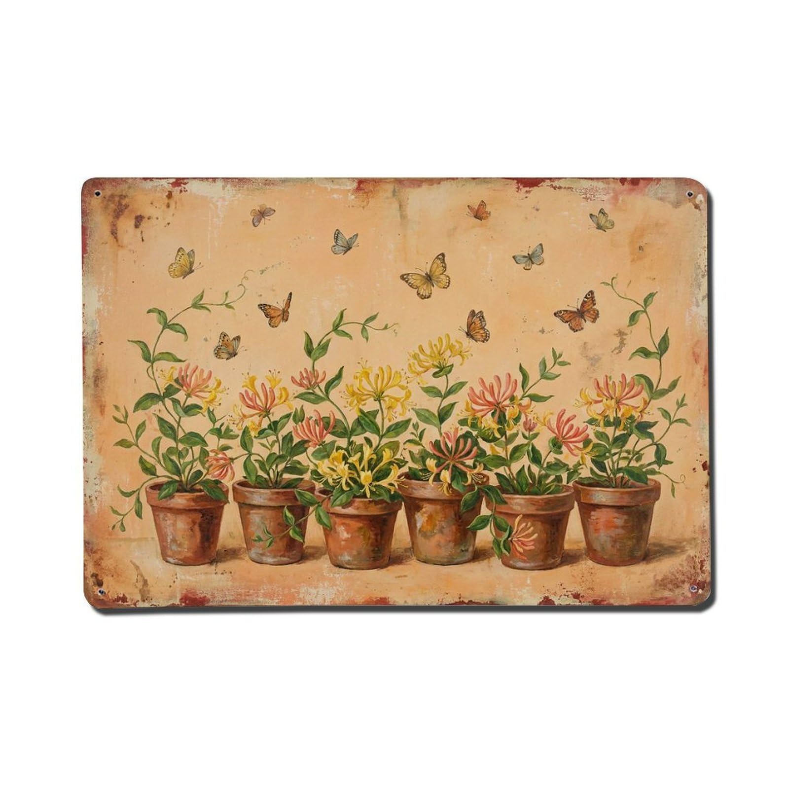 Vintage Rustic Flower Potted Plants Honeysuckle Metal Tin Sign