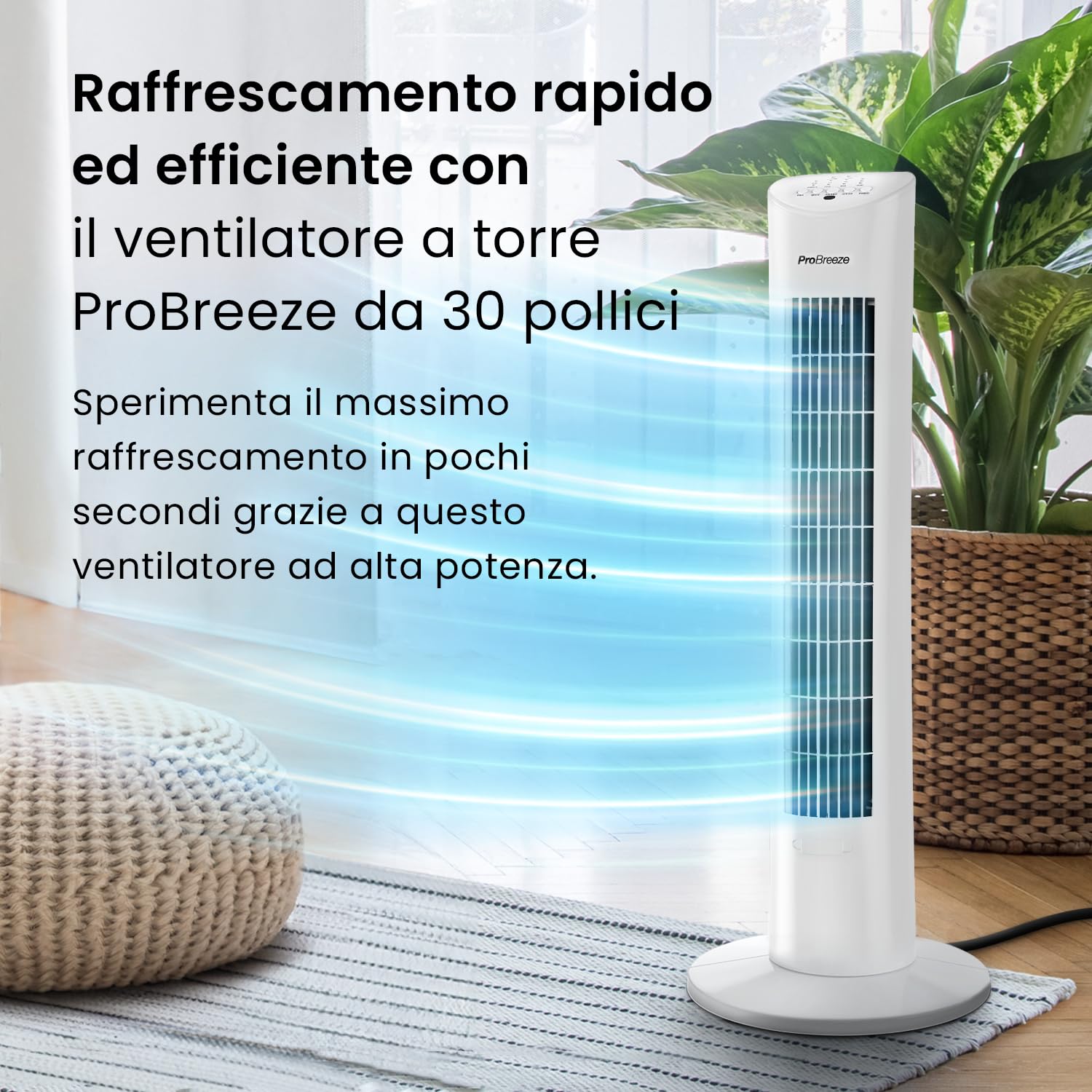 Pro Breeze Ventilatore a Torre Oscillante - 60W Con Timer 7,5 ore e Telecomando - Oscillazione a 70° Gradi e 3 Modalita di Raffreddamento- Altezza 79 cm