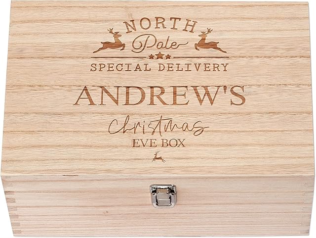 Personalised Large Wooden Christmas Eve Box With North Pole Reindeers