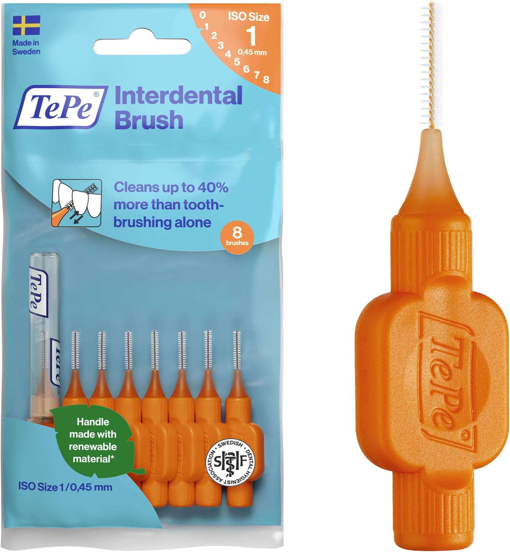 TePe Interdental Brush, Original, Orange, 0.45mm/ISO 1, 8pcs, Teeth Cleaning Plaque Removal, efficient Clean Between Teeth, for Narrow Gaps