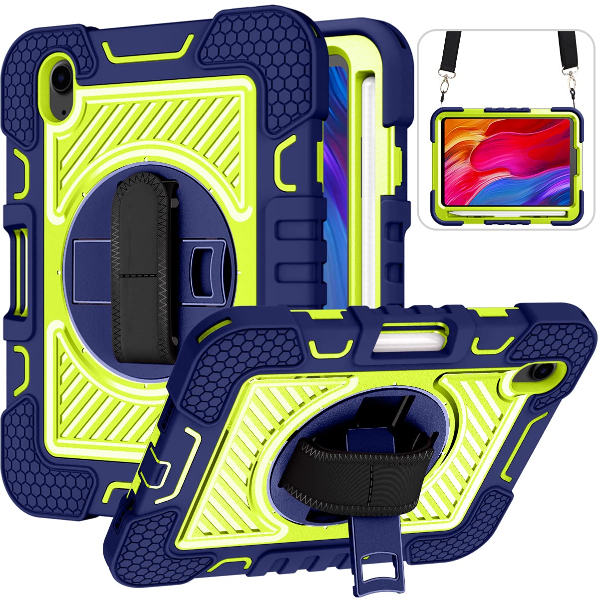 iPad Mini 6 8.4 Inch Case, Heavy Duty Soft Silicone Shockproof Case with 360° Rotating Stand, Pen Holder, Hand Strap, Protective Case for Boys Girls