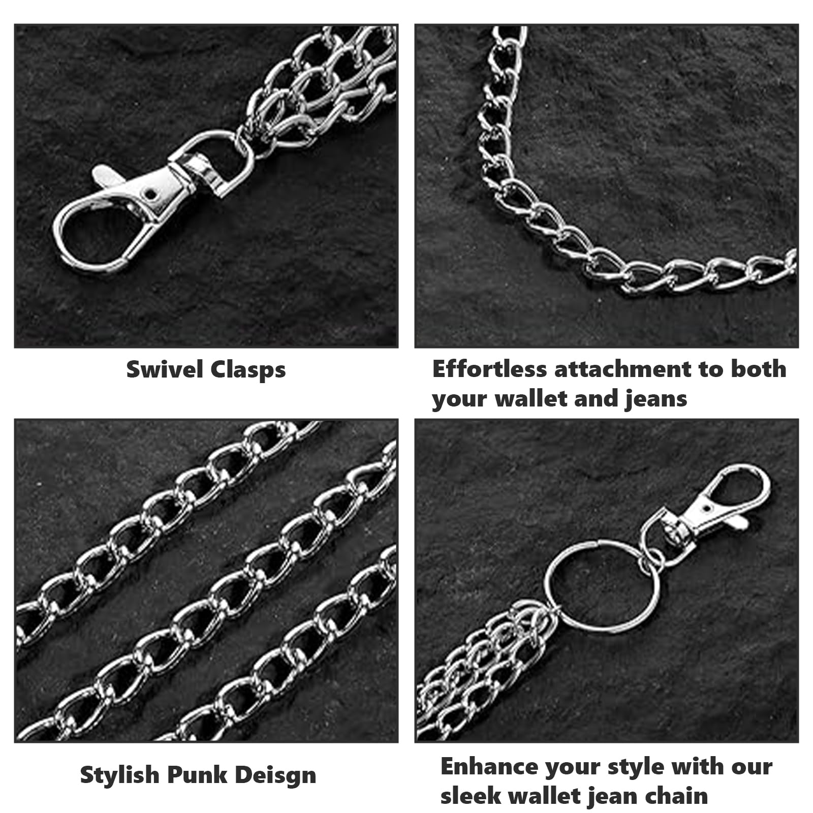 3 Piezas Cadena de Pantalón, Cadenas de Vaqueros, Hip Hop Cadenas de Jeans, Cadena para Cartera para Jeans, Cinturón, Billetera y Llaves (Plata)