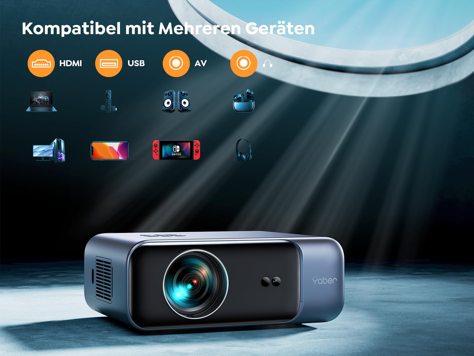 Projektor [autofokus/korekcja trapezu] projektor kina domowego, 1080p Full HD, obsługuje wideo 4K z Bluetooth WiFi6, YABER 32 000 lumenów, przenośny projektor zewnętrzny 300", do smartfonów/TV Stick
