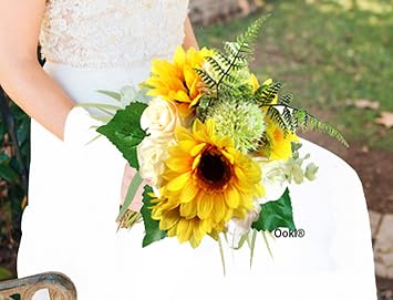 Ooki Sunflower Bouquet Peach White Roses Bridal Handmade Wedding Hand Toss Artificial Silk Flower Bridesmaid Boutonniere Floral