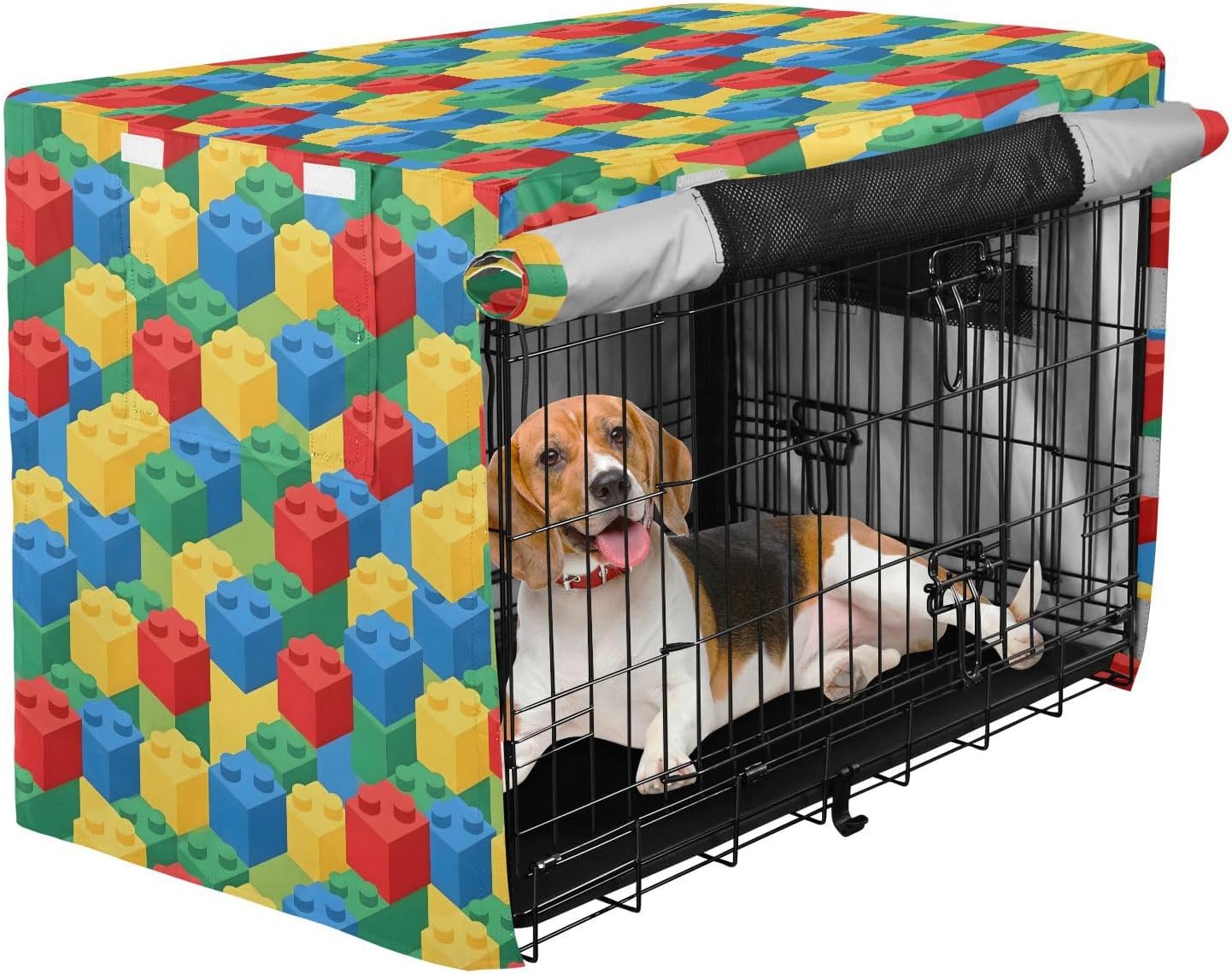 Colorful Bricks Dog Crate Cover 600D Oxford Pet Kennel Cover with Mesh Window for Dog Cages, Windproof Waterproof Machine Washable, 48"x30"x33"