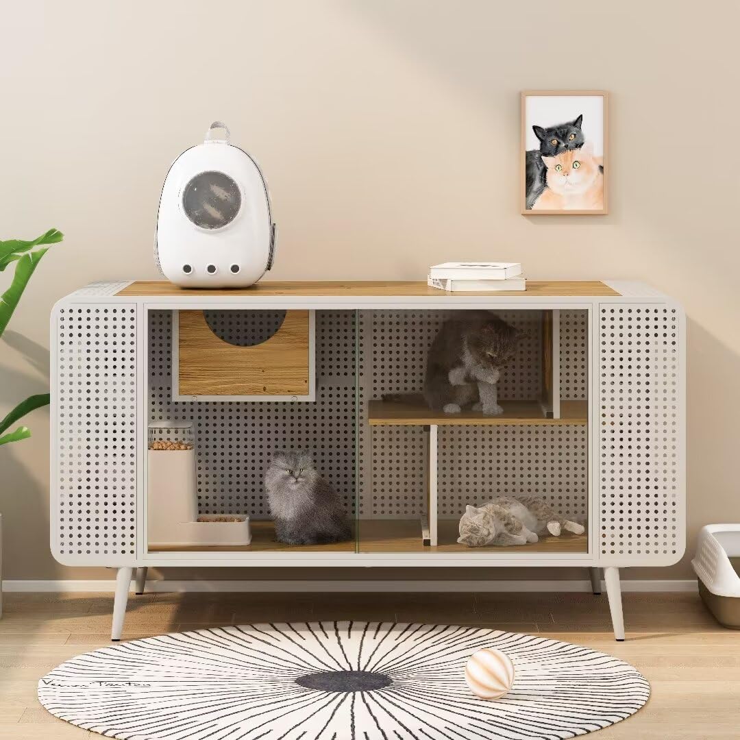 YOUJUNER Modern Spacious Cat House with Tempered Glass, Multi-Feature Cat Enclosures House Space Cat Cage (White)